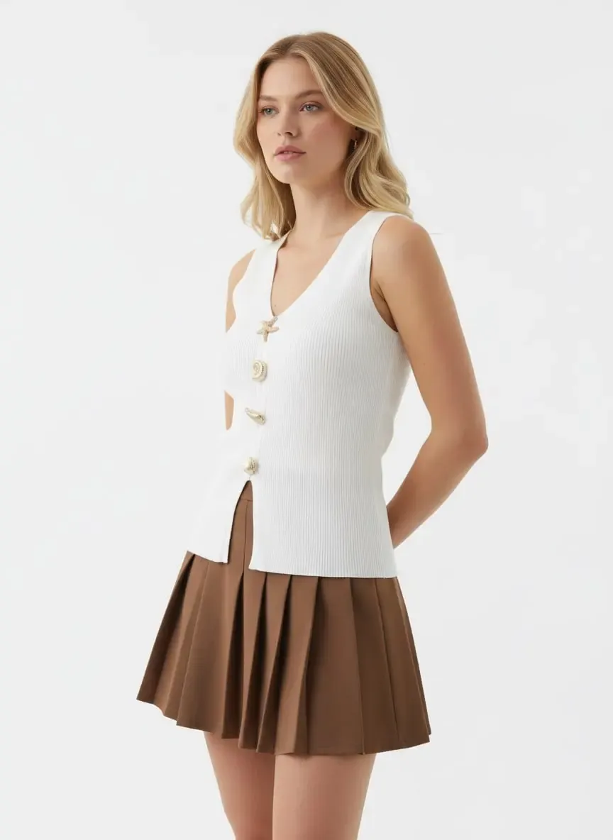 Kadın V yaka Gold Aksesuar Detaylı Premium İplik Triko Kazak 12437