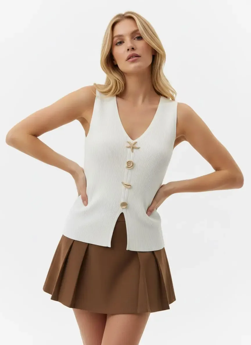 Kadın V yaka Gold Aksesuar Detaylı Premium İplik Triko Kazak 12437