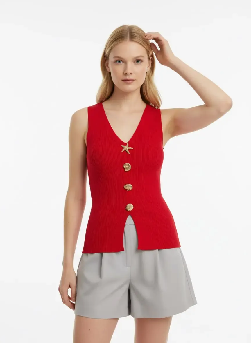 Kadın V yaka Gold Aksesuar Detaylı Premium İplik Triko Kazak 12437