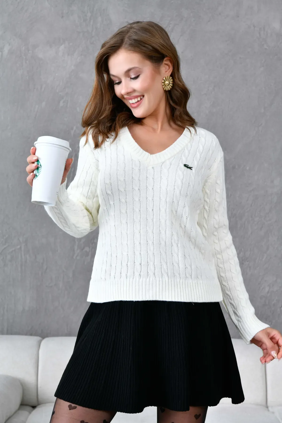 Kadın V Yaka Saç Örgü Triko Kazak 8450Sw