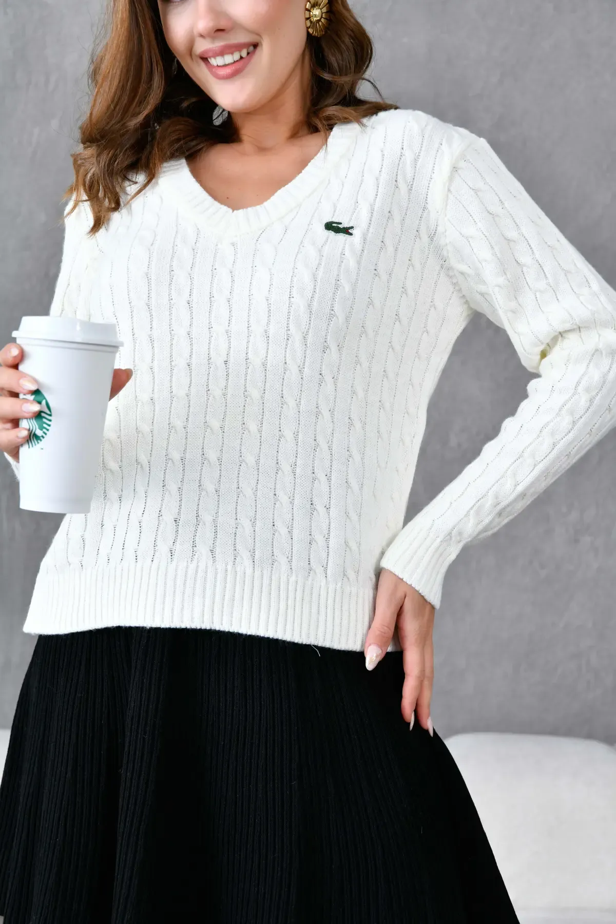 Kadın V Yaka Saç Örgü Triko Kazak 8450Sw