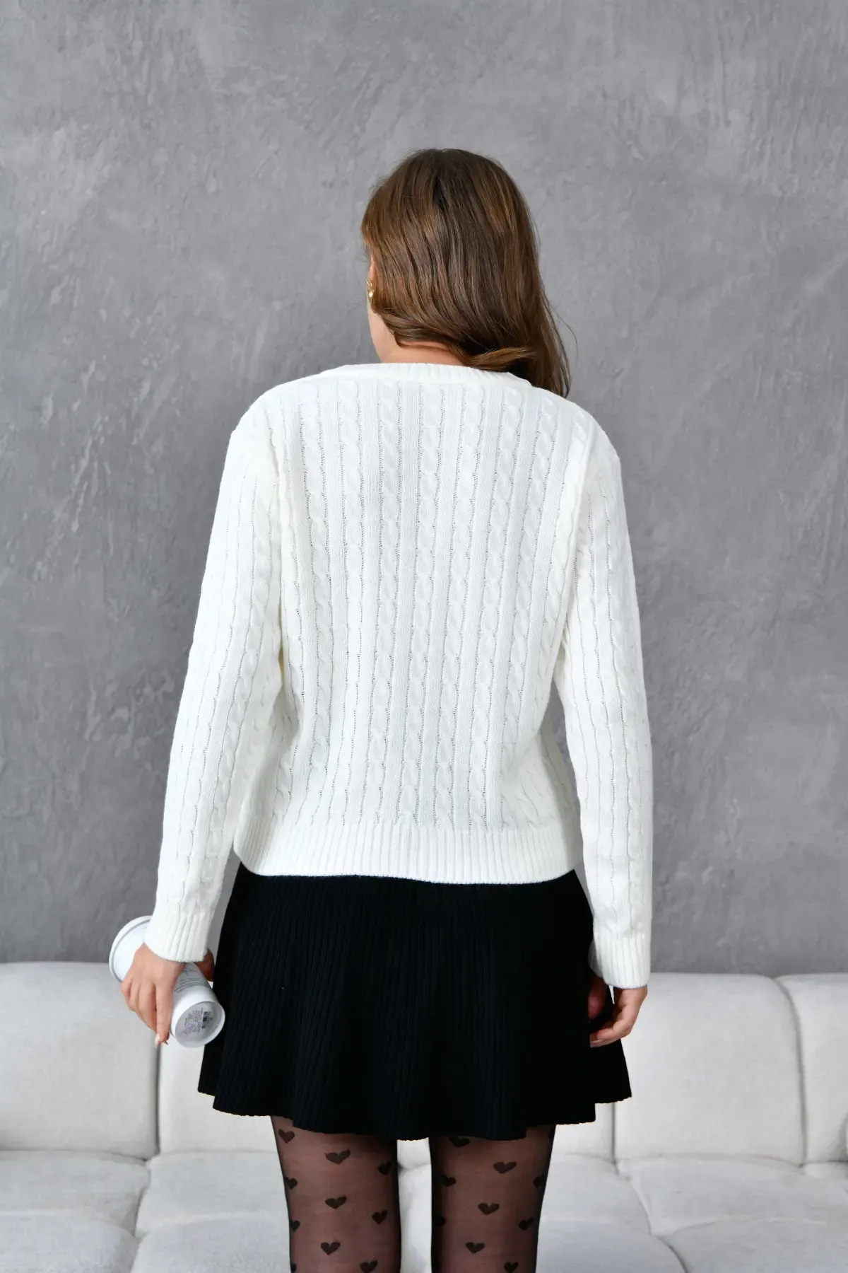 Kadın V Yaka Saç Örgü Triko Kazak 8450Sw