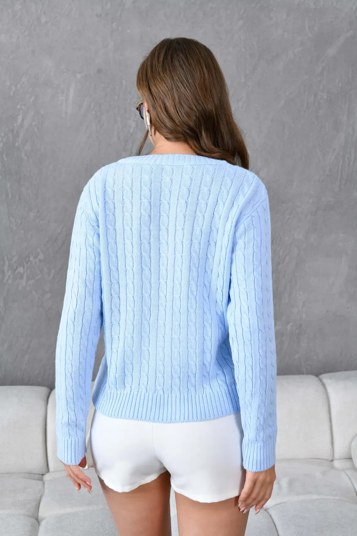 Kadın V Yaka Saç Örgü Triko Kazak 8450Sw