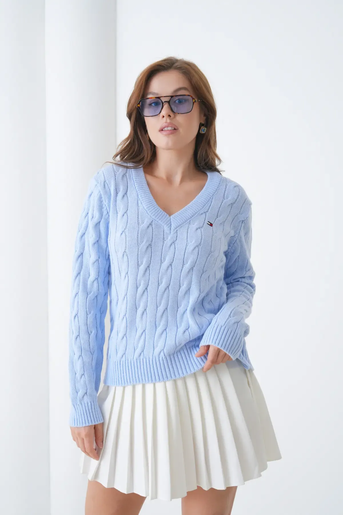 Kadın V Yaka Saç Örgü Triko Kazak 8683