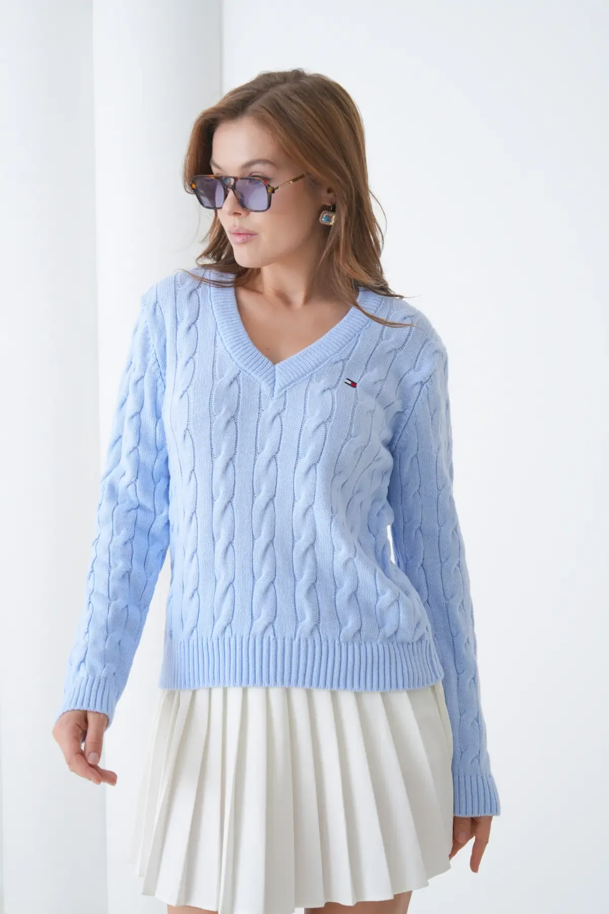 Kadın V Yaka Saç Örgü Triko Kazak 8683