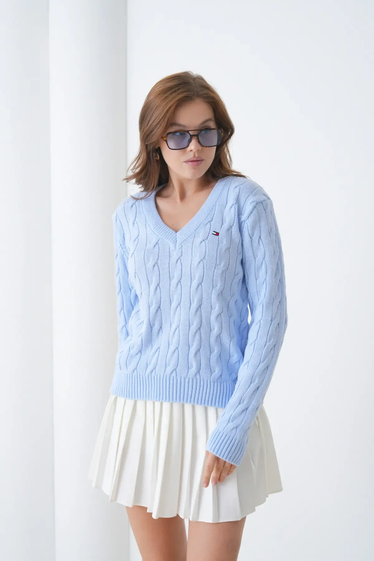 Kadın V Yaka Saç Örgü Triko Kazak 8683