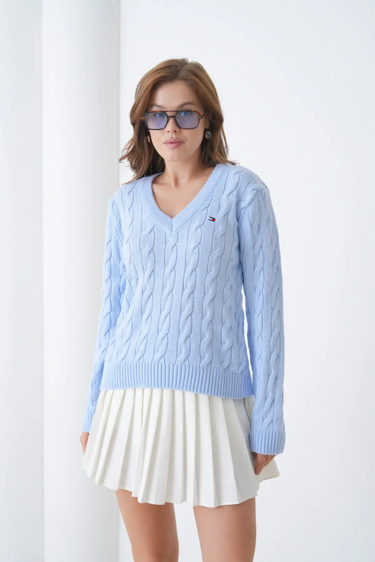 Kadın V Yaka Saç Örgü Triko Kazak 8683