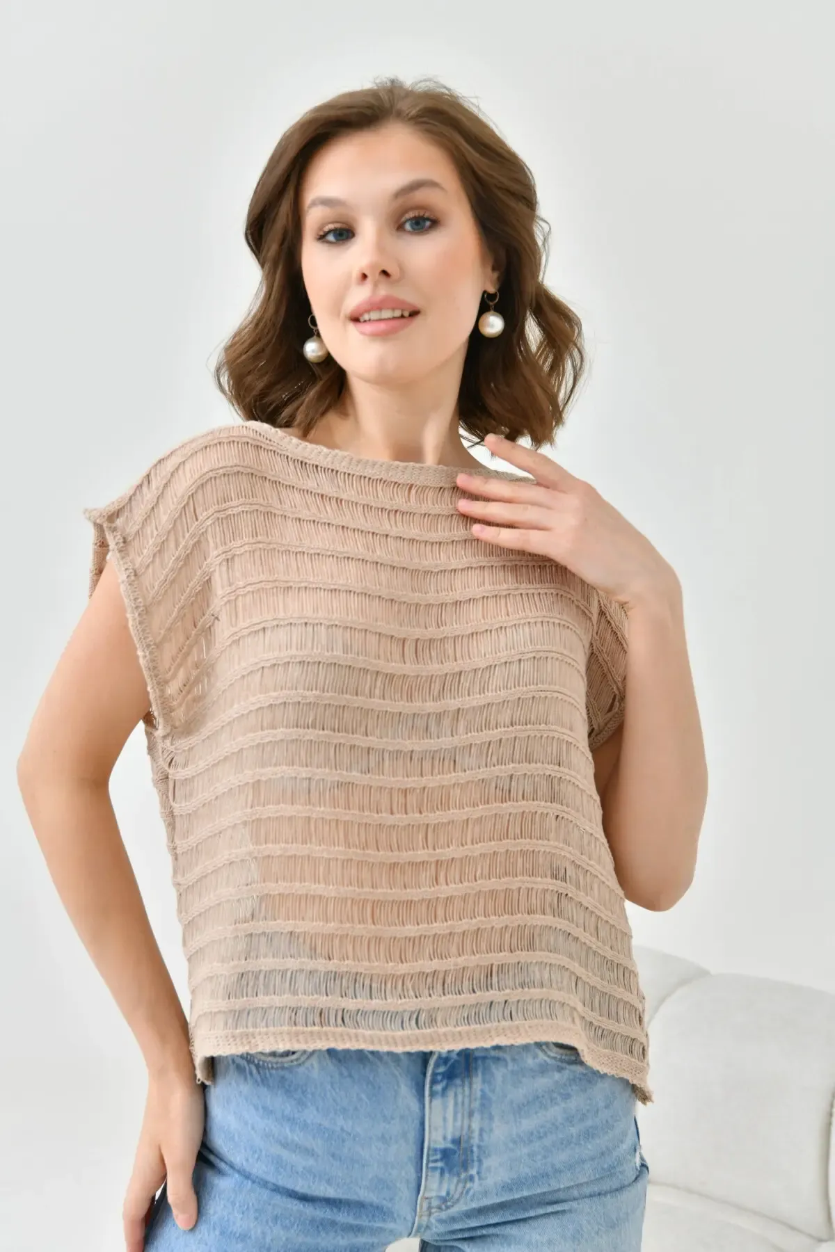 Kadın Vizon Ajurlu Kayık Yaka Salaş Triko Bluz