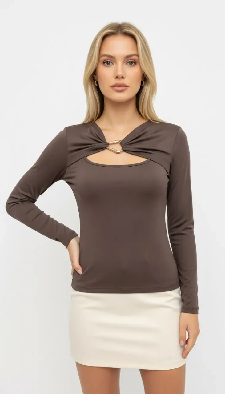 Kadın Yaka Detay Aksesuarlı Uzun Kol Penye Bluz 13013