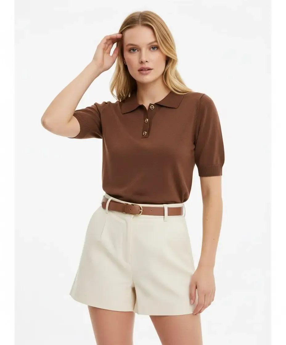 Polo Yaka Düğme Detaylı Triko Kazak