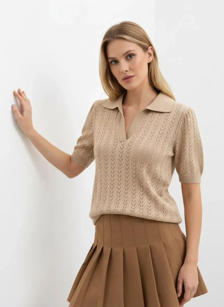 Polo Yaka Kısa Kol Ajurlu Polo Triko Kazak