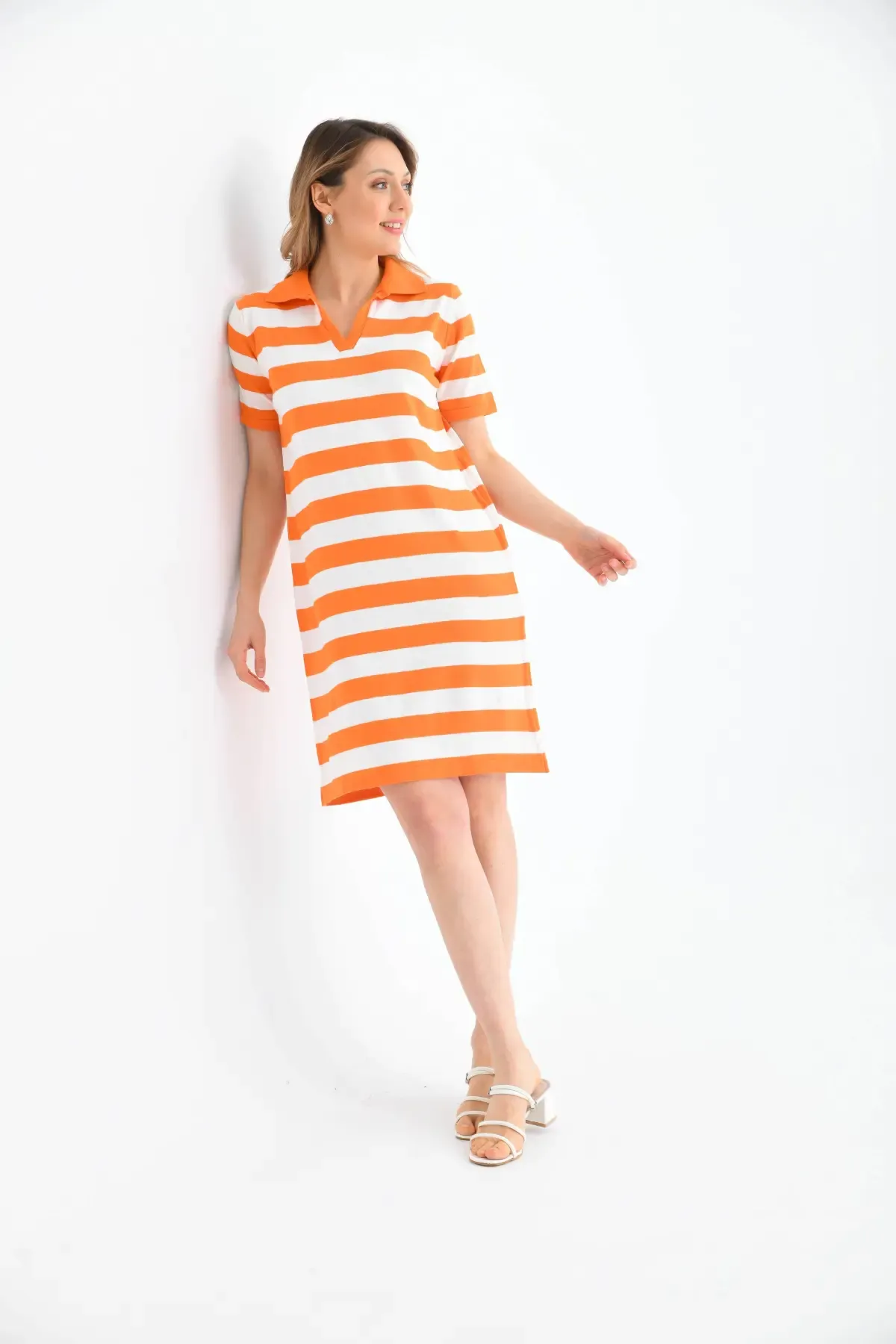 10028 Kadın Polo Yaka Çizgili Triko Elbise