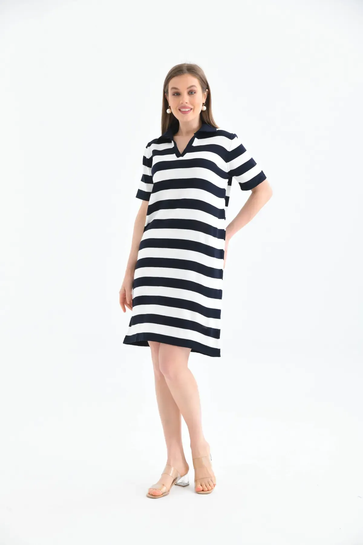 10028 Kadın Polo Yaka Çizgili Triko Elbise