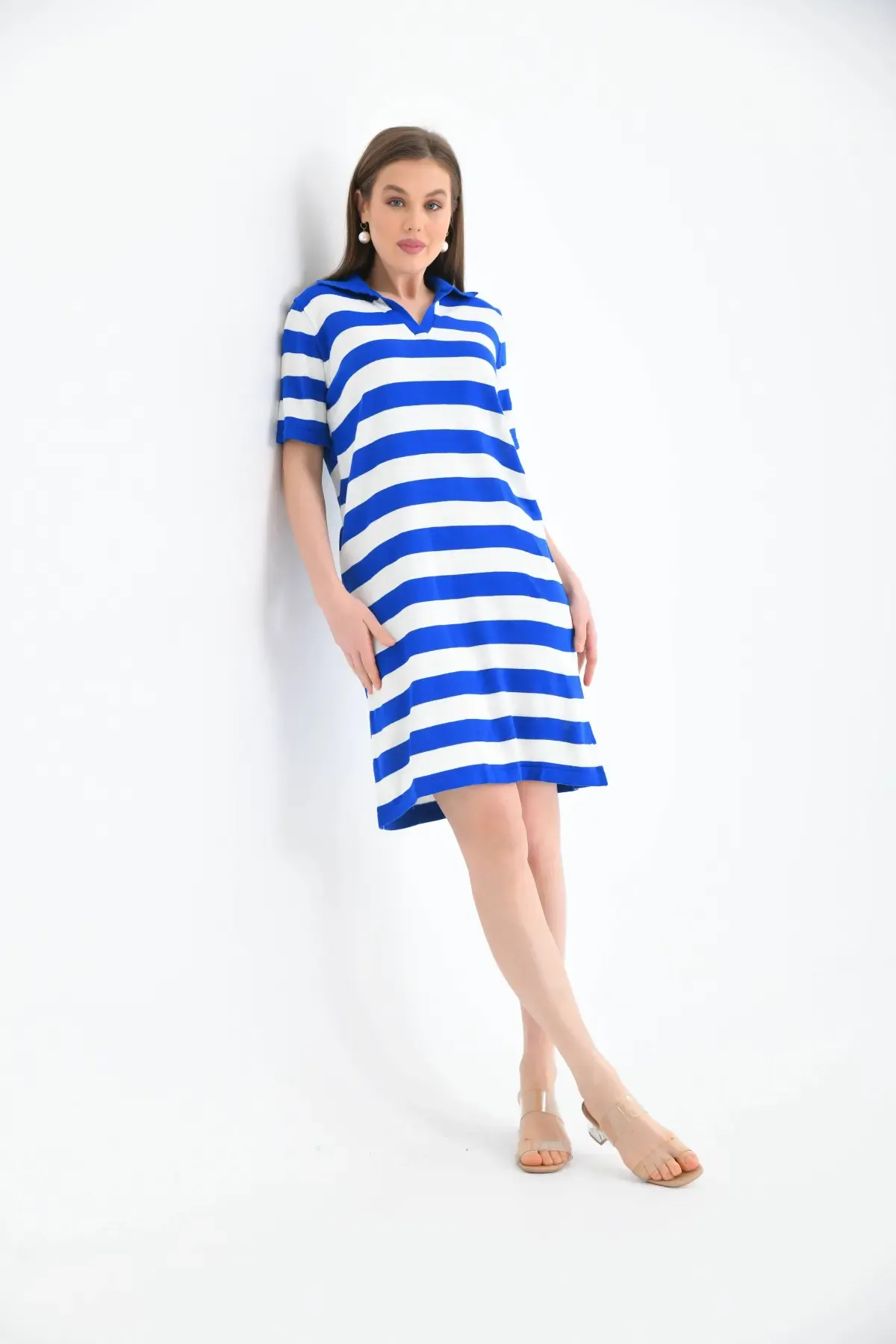 10028 Kadın Polo Yaka Çizgili Triko Elbise
