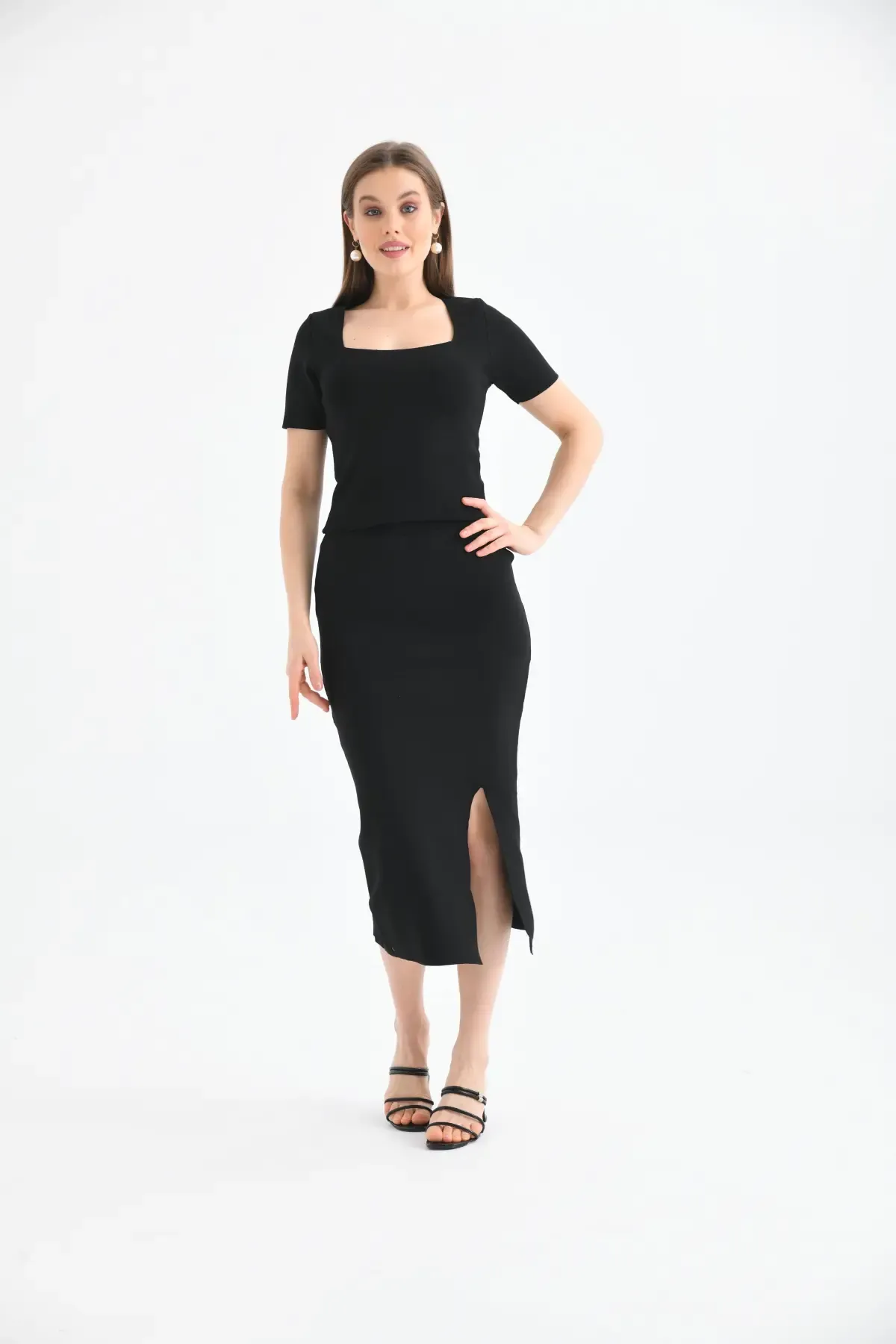 10080 Kadın Kare Yaka Crop Bluz Yırtmaçlı Uzun Etek Triko Alt Üst Takım