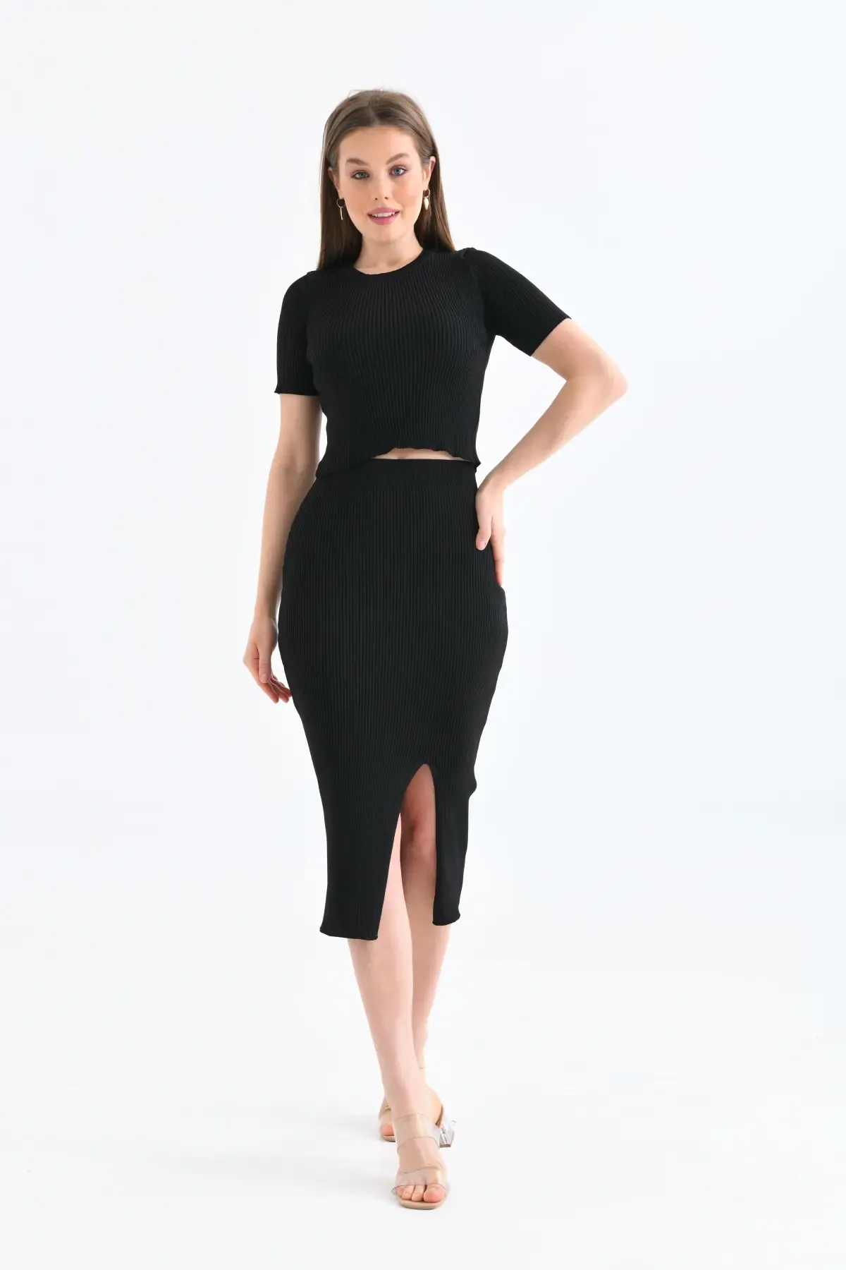 10139 Kadın Bisiklet Yaka Kaşkorse Yırtmaçlı Uzun Etek Kazak Triko Alt Üst Takım