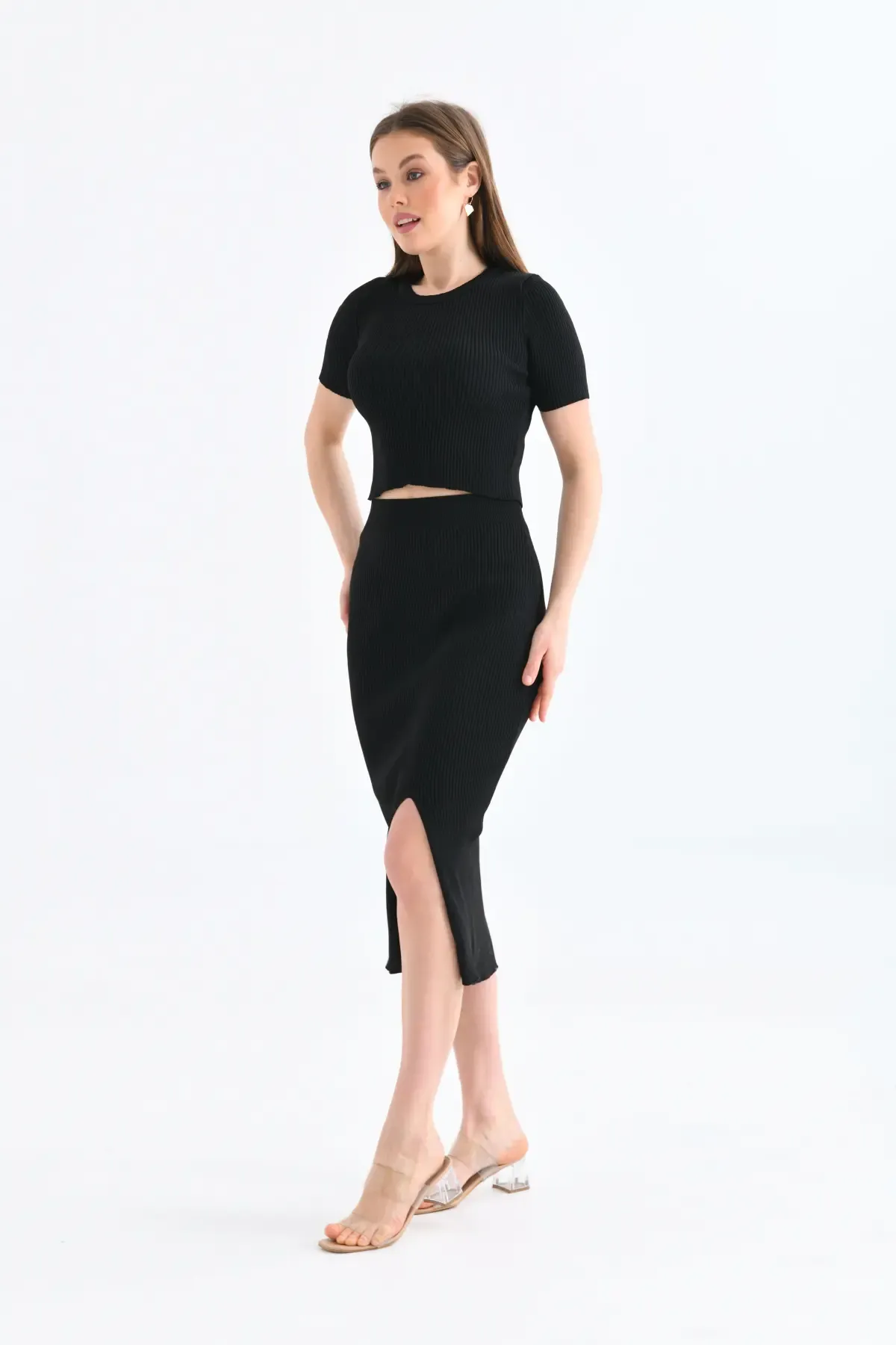 10139 Kadın Bisiklet Yaka Kaşkorse Yırtmaçlı Uzun Etek Kazak Triko Alt Üst Takım