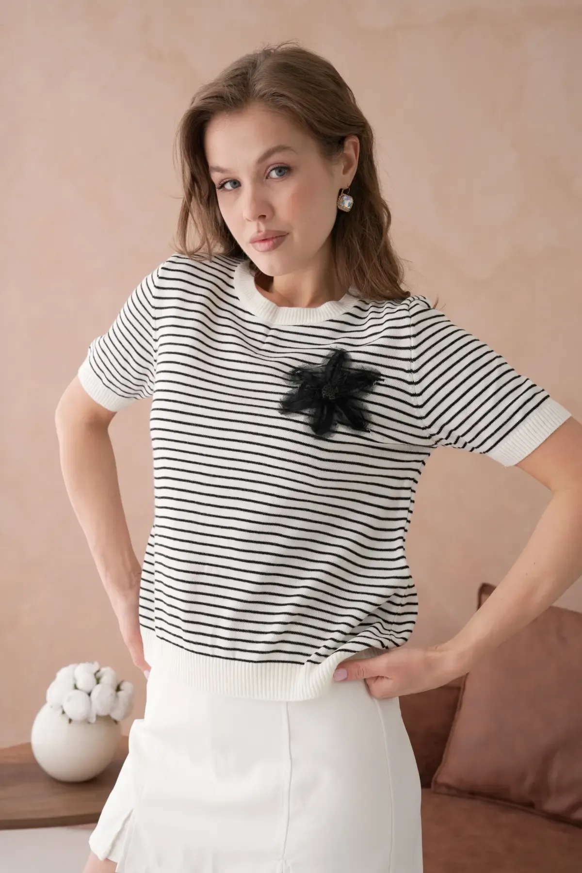 10151 Kadın Bisiklet Yaka Aplikeli Çizgili Triko Kazak