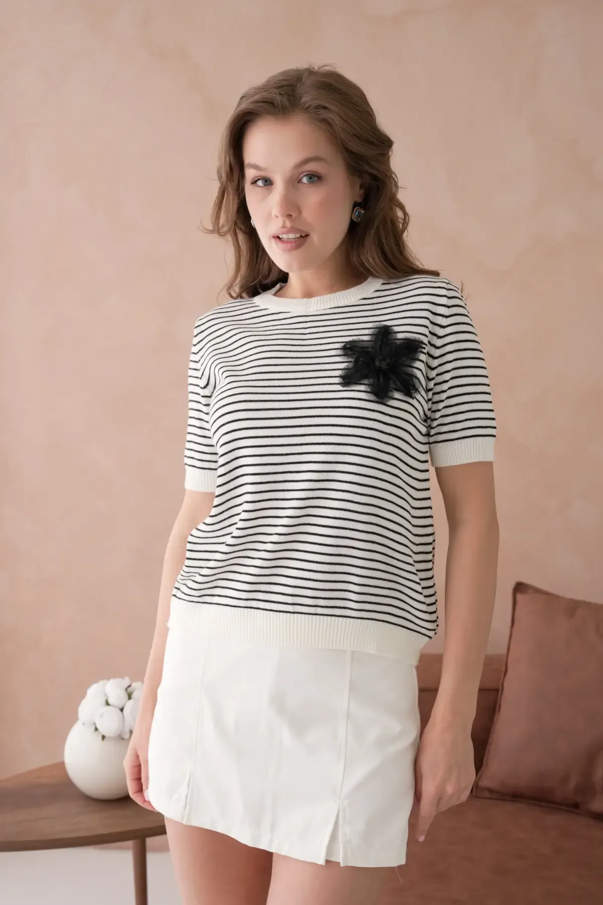 10151 Kadın Bisiklet Yaka Aplikeli Çizgili Triko Kazak