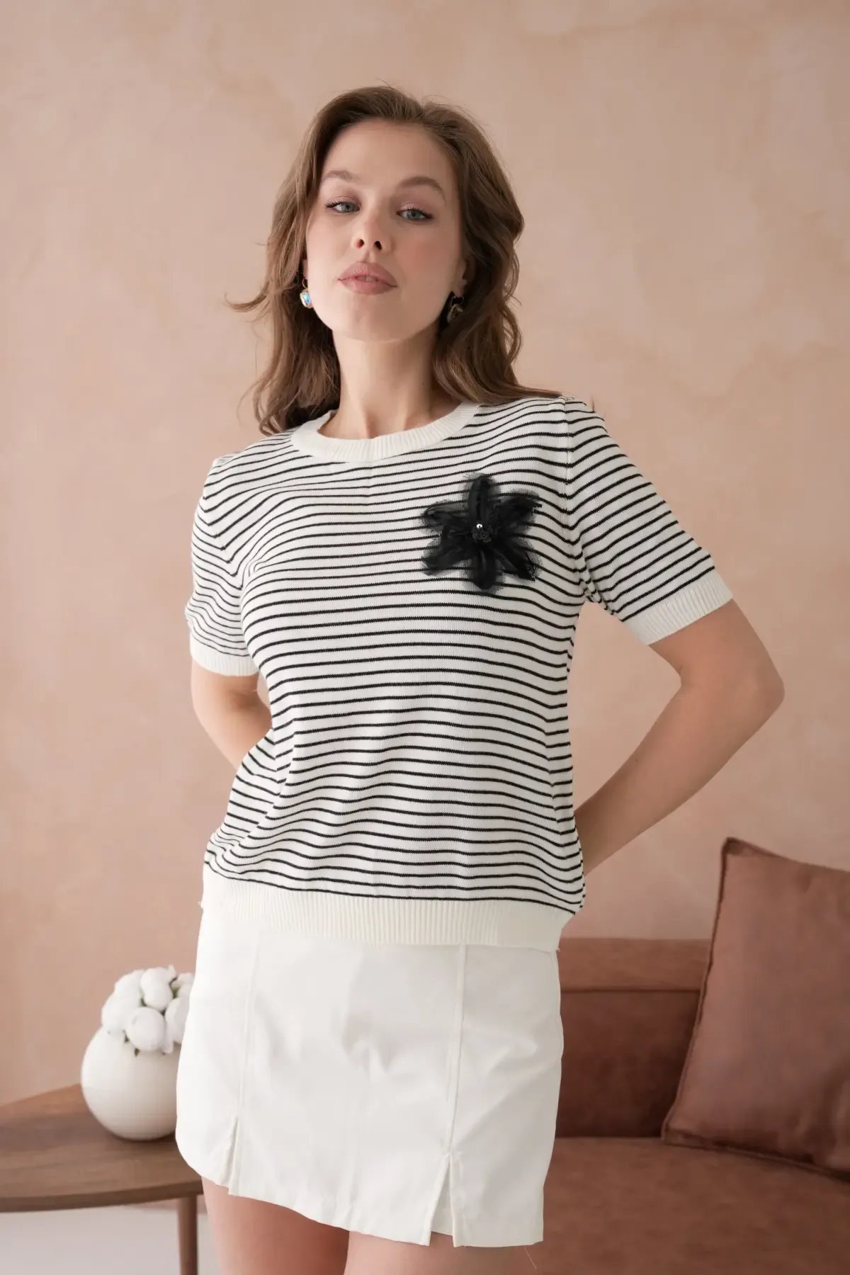 10151 Kadın Bisiklet Yaka Aplikeli Çizgili Triko Kazak