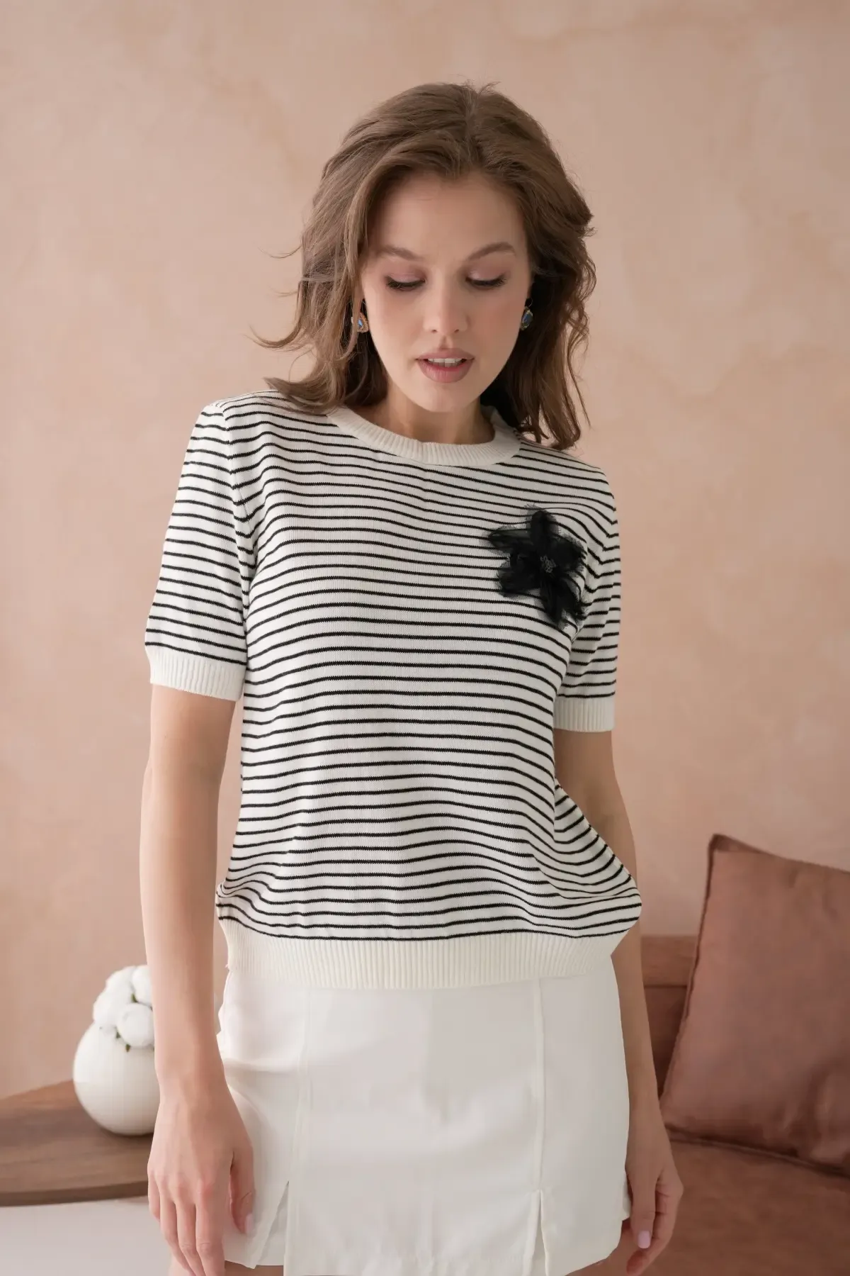 10151 Kadın Bisiklet Yaka Aplikeli Çizgili Triko Kazak