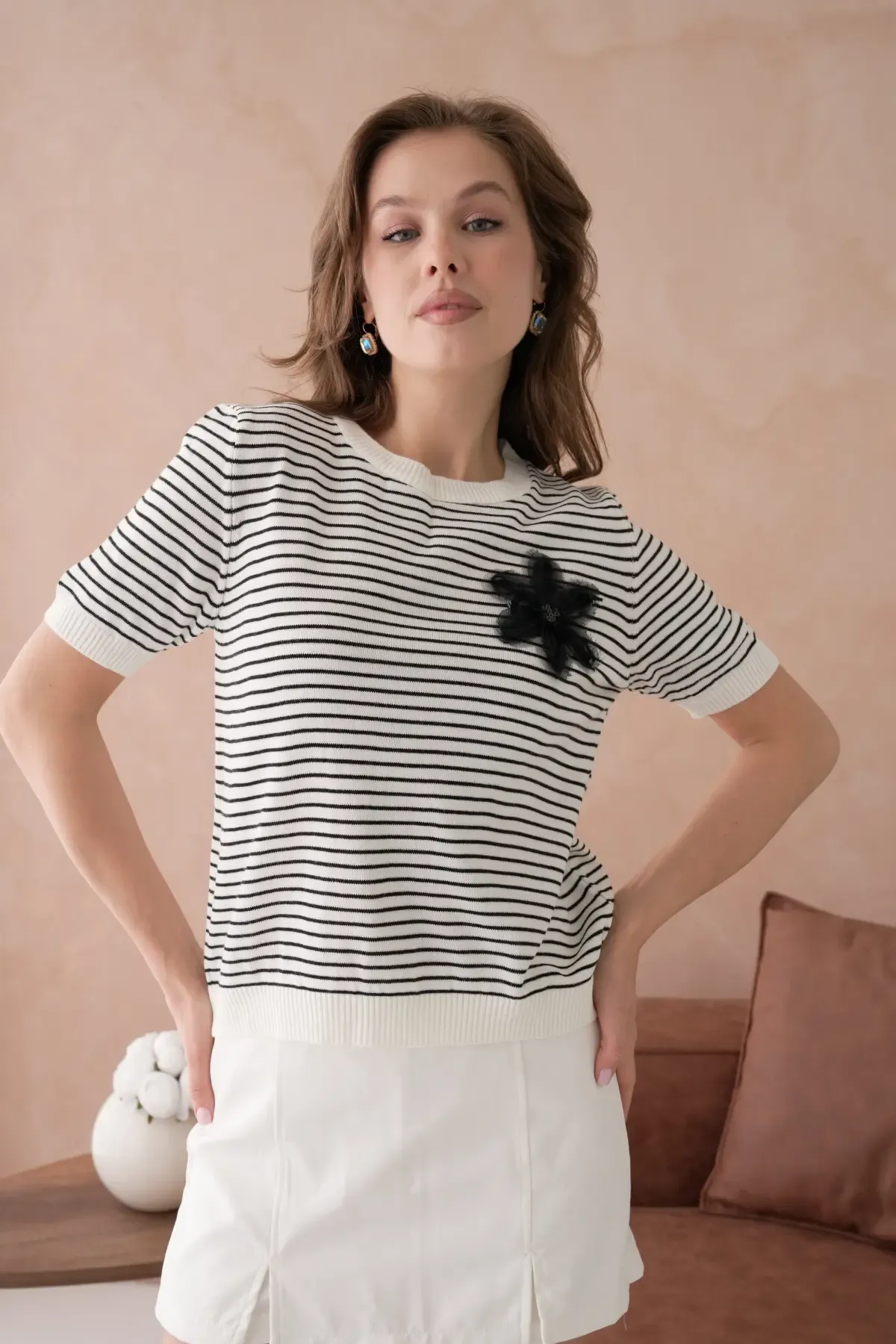 10151 Kadın Bisiklet Yaka Aplikeli Çizgili Triko Kazak