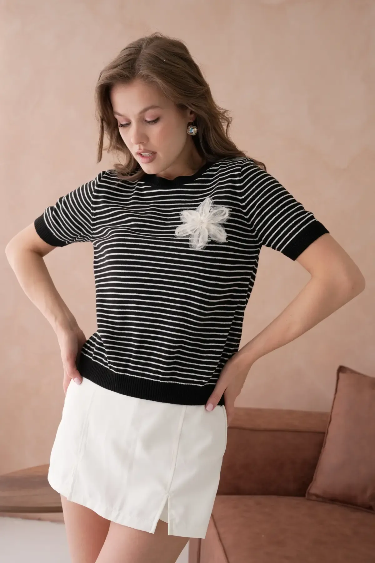 10151 Kadın Bisiklet Yaka Aplikeli Çizgili Triko Kazak