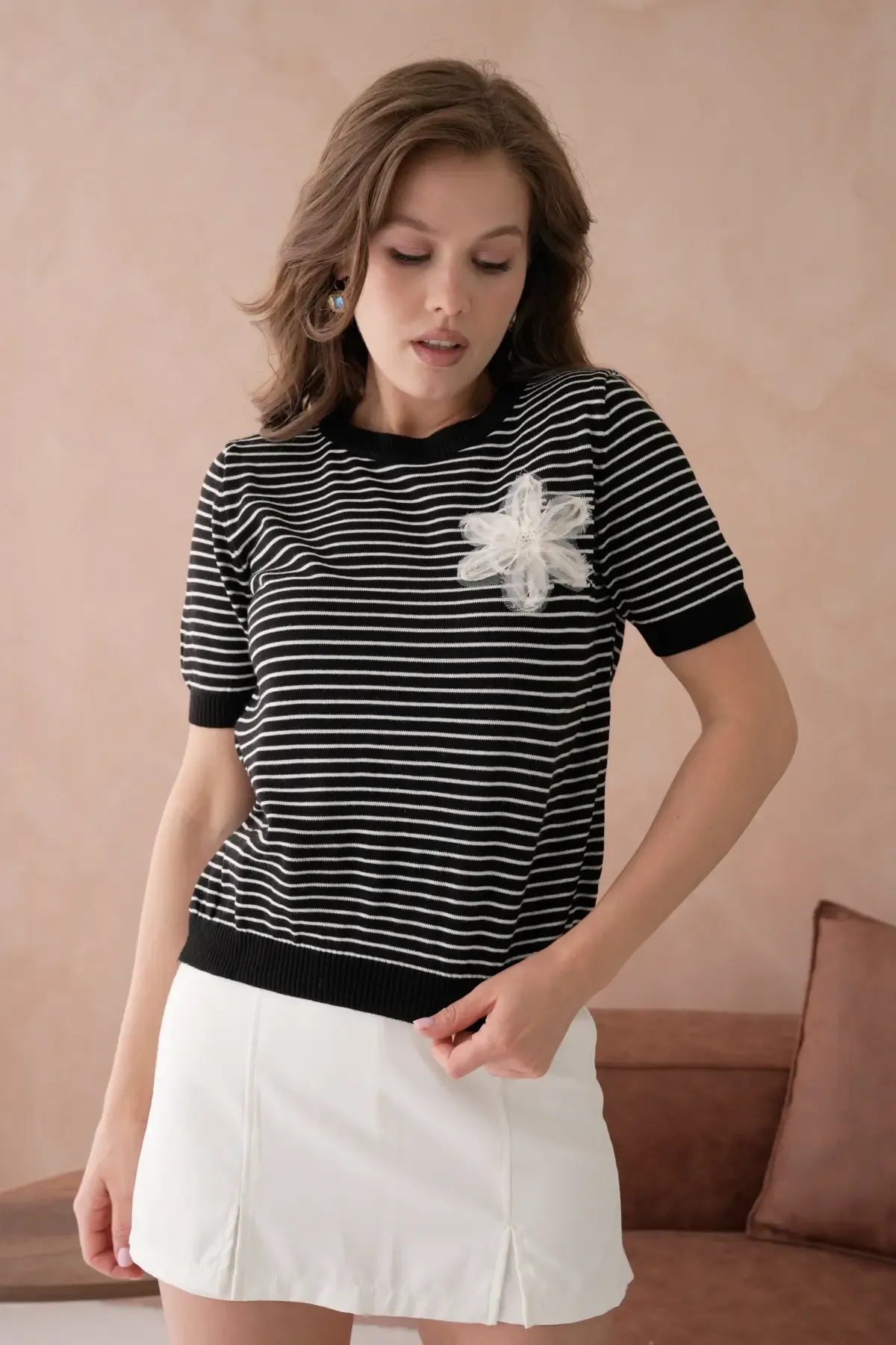 10151 Kadın Bisiklet Yaka Aplikeli Çizgili Triko Kazak