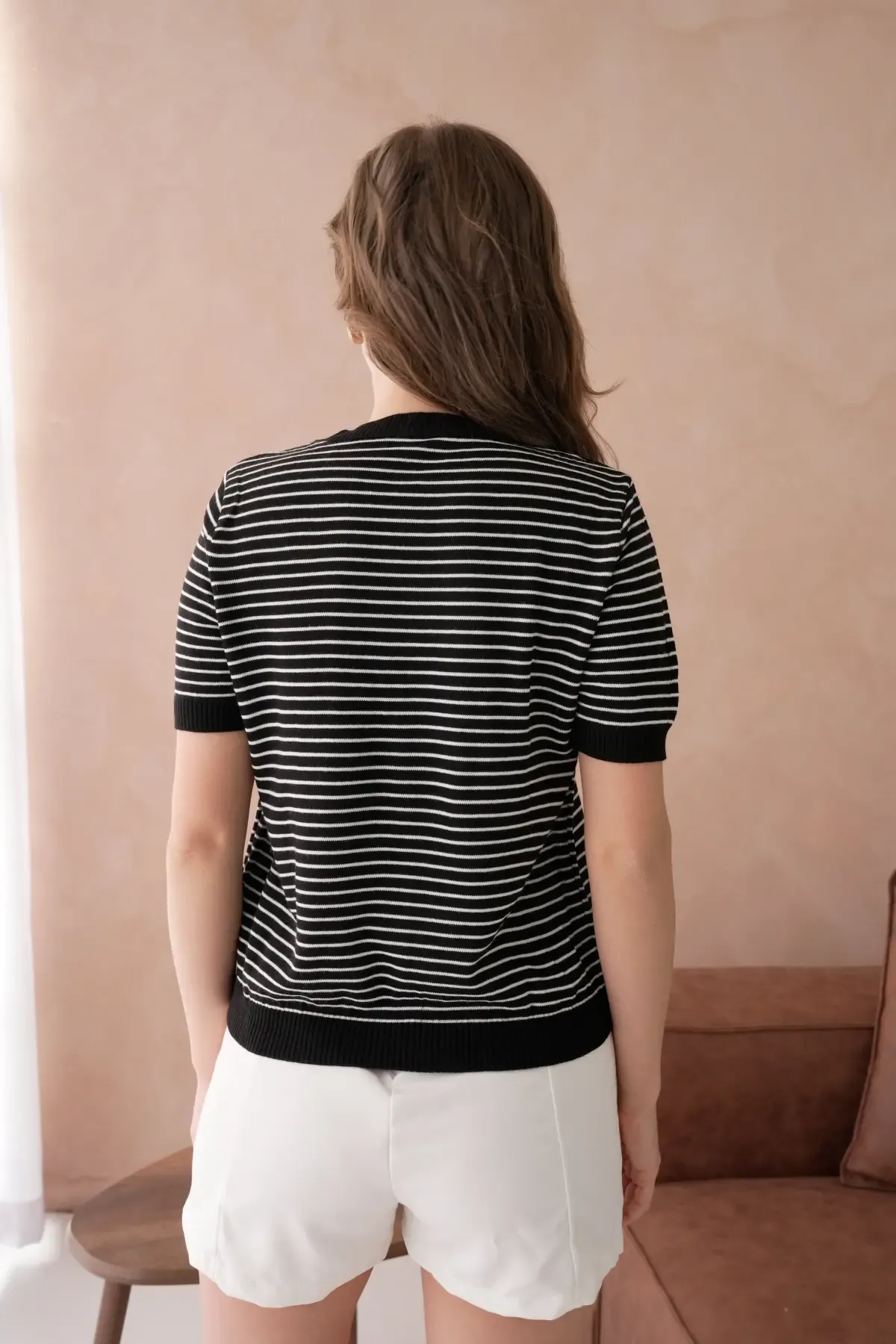 10151 Kadın Bisiklet Yaka Aplikeli Çizgili Triko Kazak