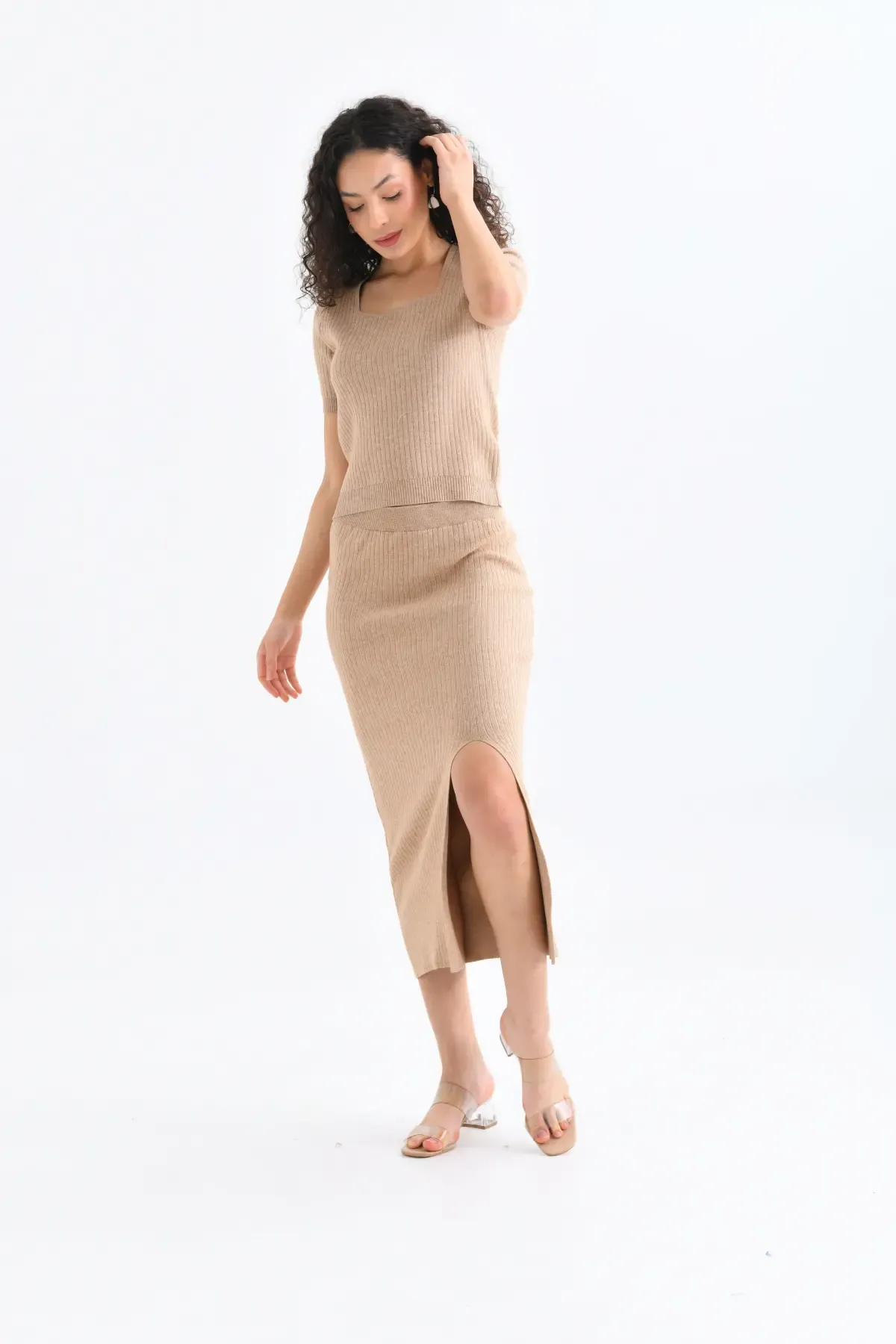 10168 Premium İplik Bluz Uzun Yırtmaçlı Etek Kaşkorse Alt Üst Triko Takım