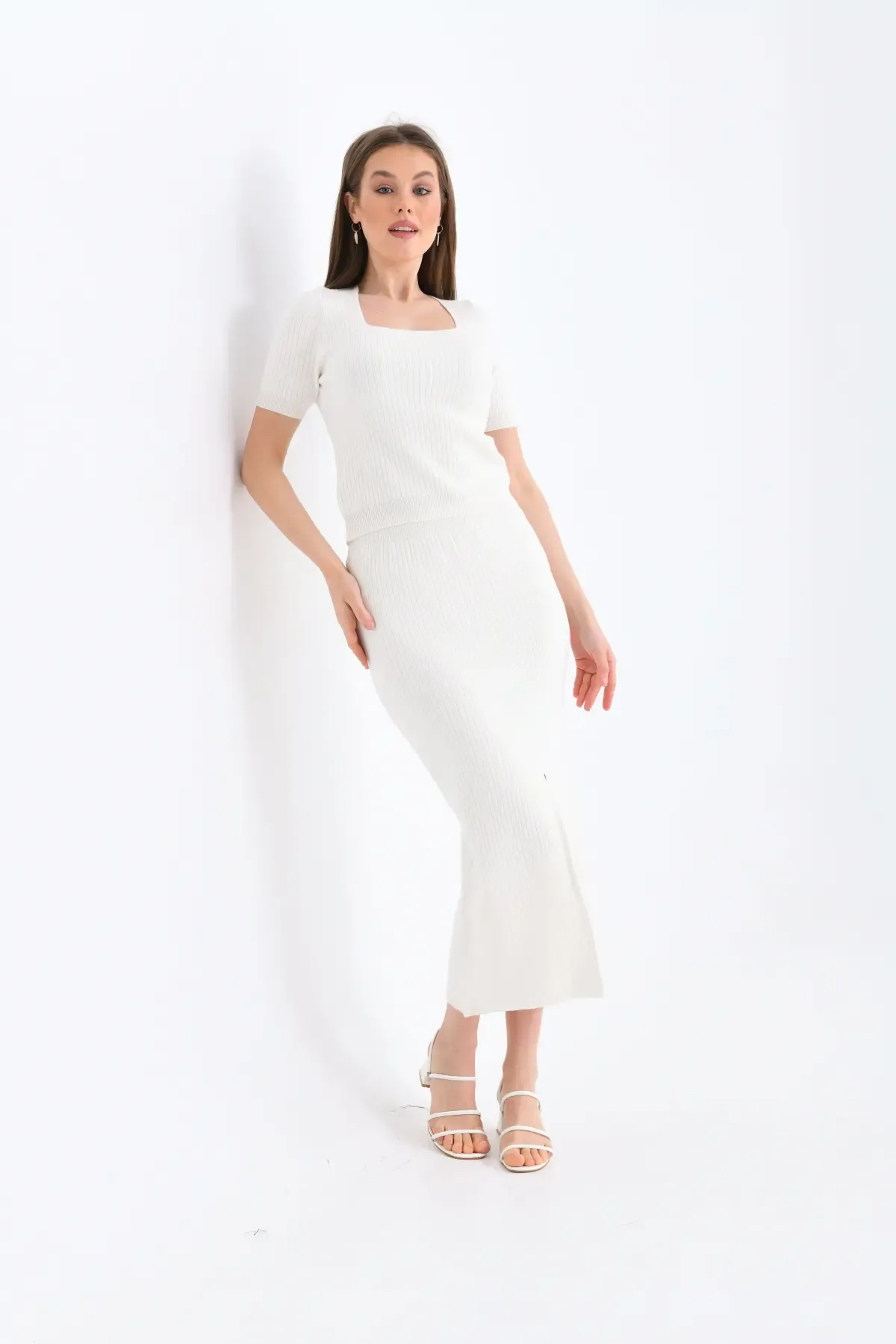 10168 Premium İplik Bluz Uzun Yırtmaçlı Etek Kaşkorse Alt Üst Triko Takım