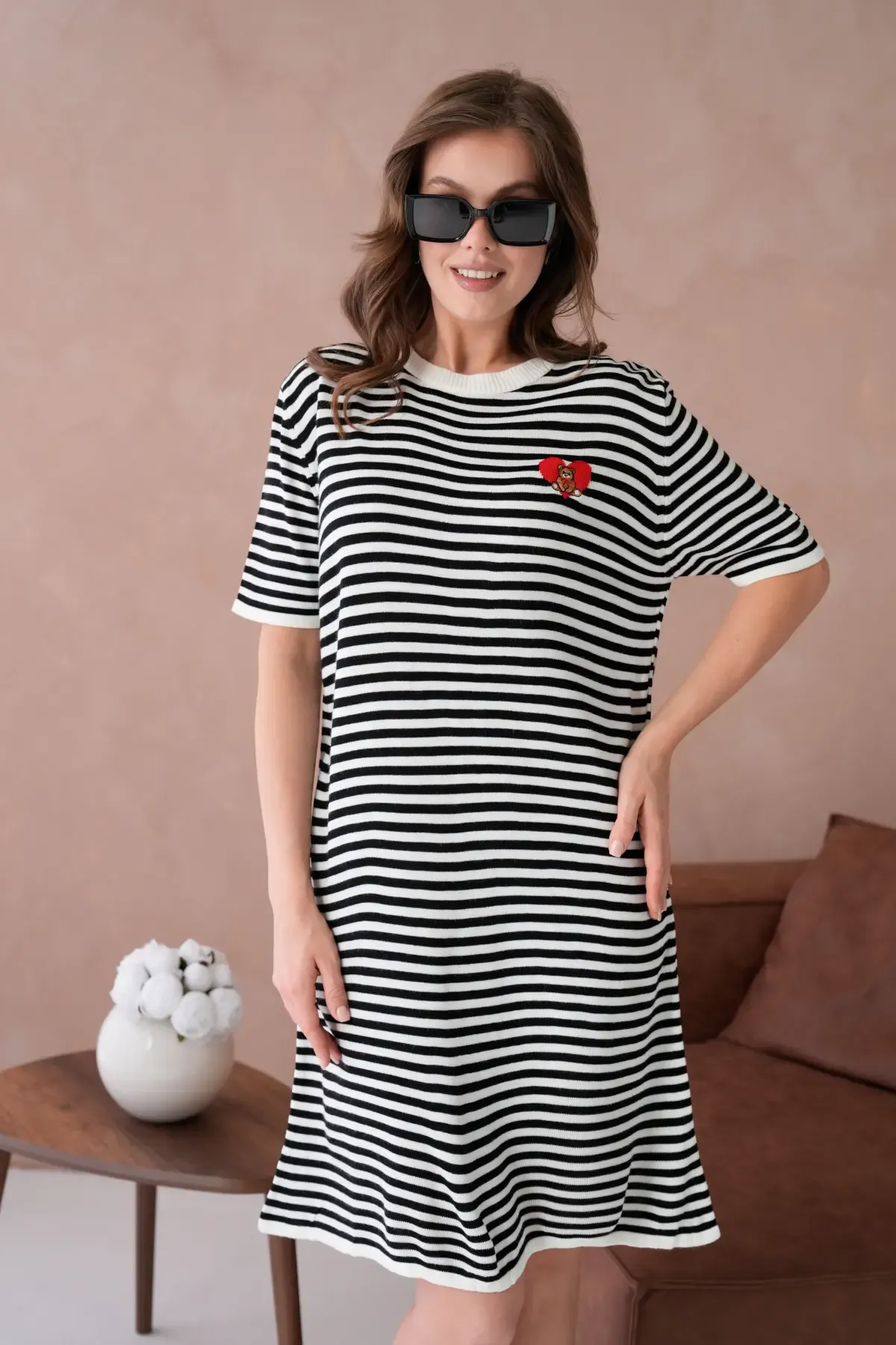 10173 Kadın Bisiklet Yaka Nakış Detay Çizgil Triko Elbise