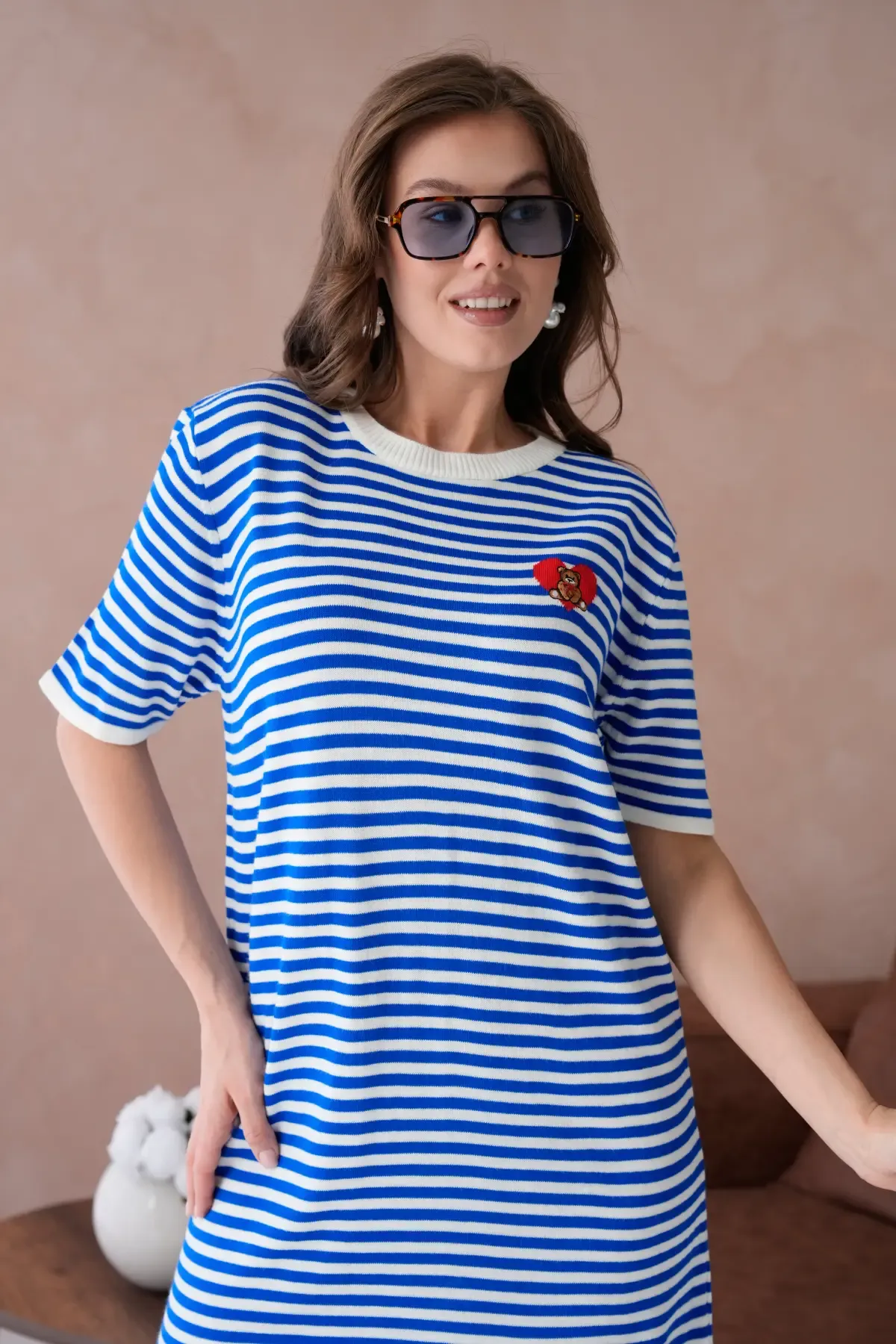 10173 Kadın Bisiklet Yaka Nakış Detay Çizgil Triko Elbise