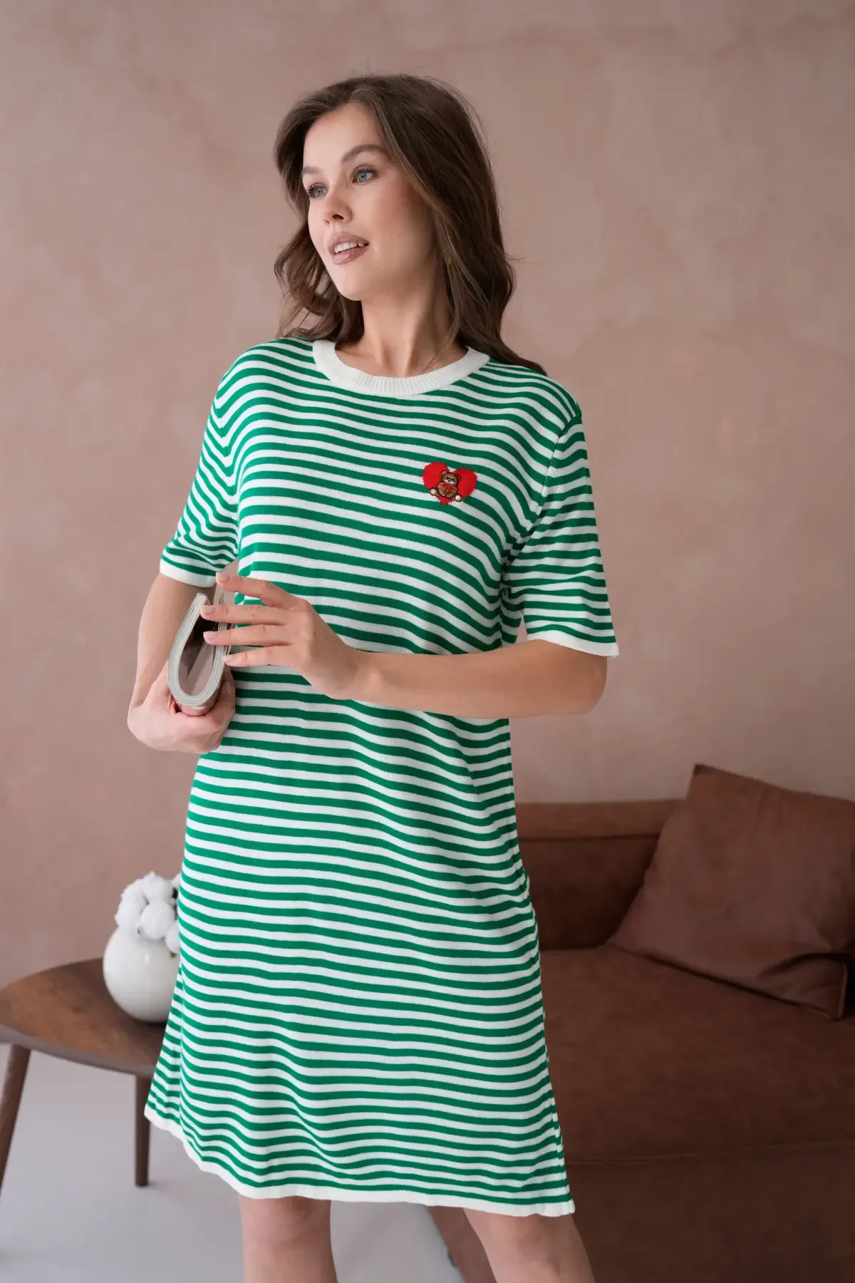 10173 Kadın Bisiklet Yaka Nakış Detay Çizgil Triko Elbise