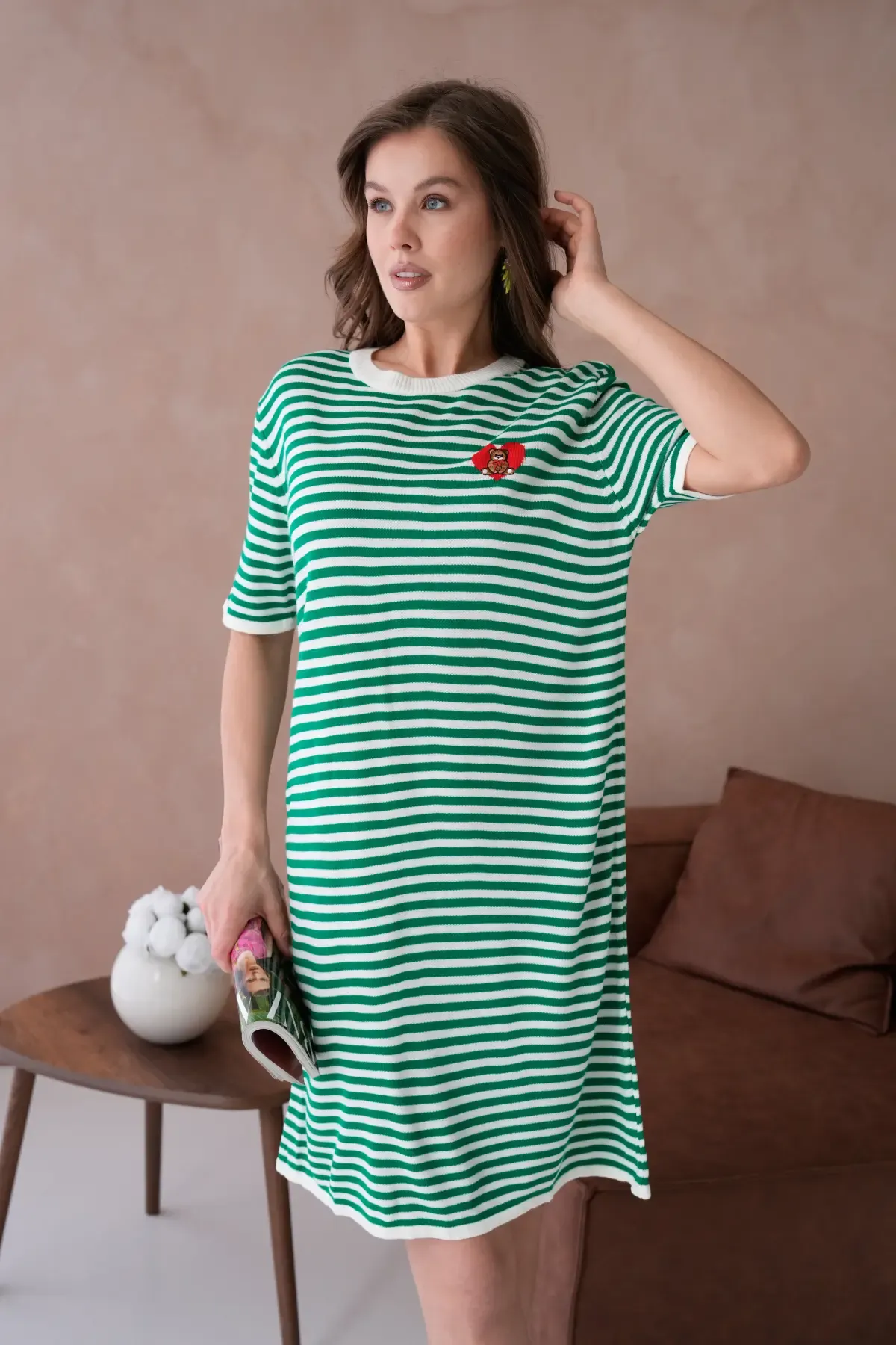 10173 Kadın Bisiklet Yaka Nakış Detay Çizgil Triko Elbise