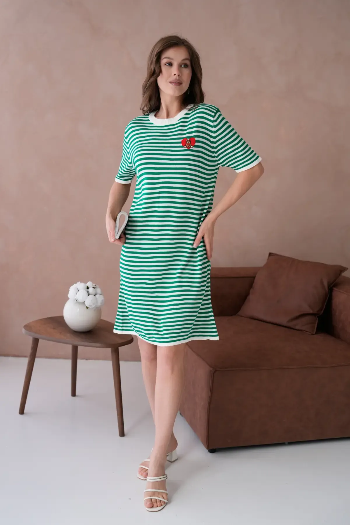 10173 Kadın Bisiklet Yaka Nakış Detay Çizgil Triko Elbise