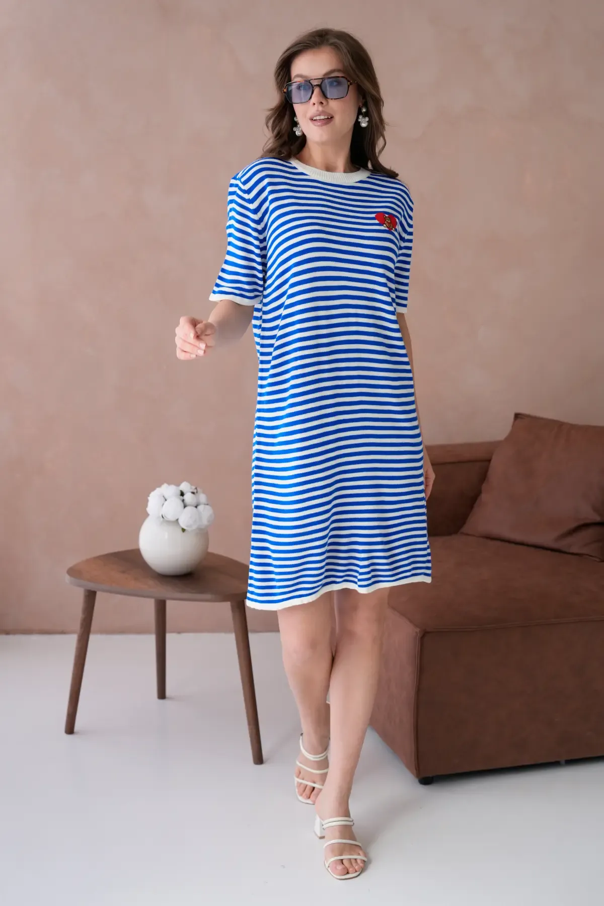 10173 Kadın Bisiklet Yaka Nakış Detay Çizgil Triko Elbise