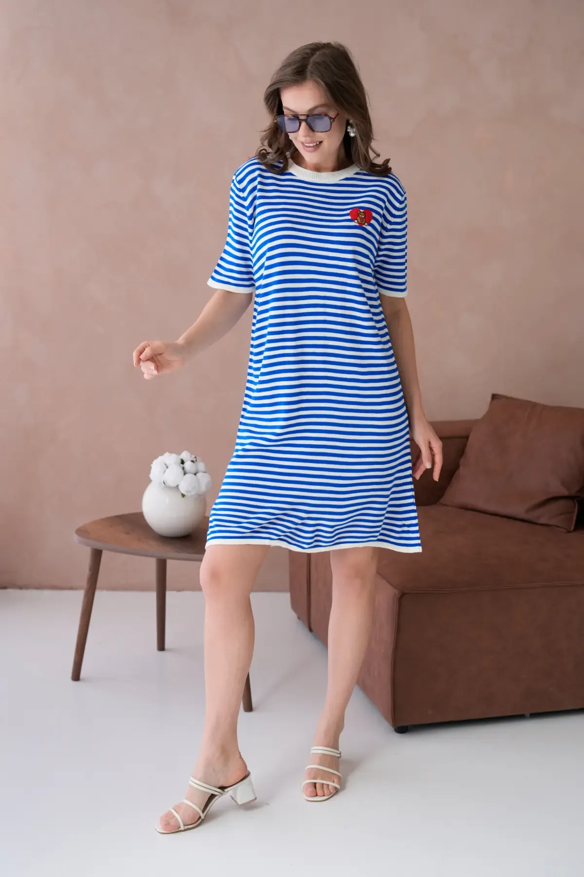 10173 Kadın Bisiklet Yaka Nakış Detay Çizgil Triko Elbise