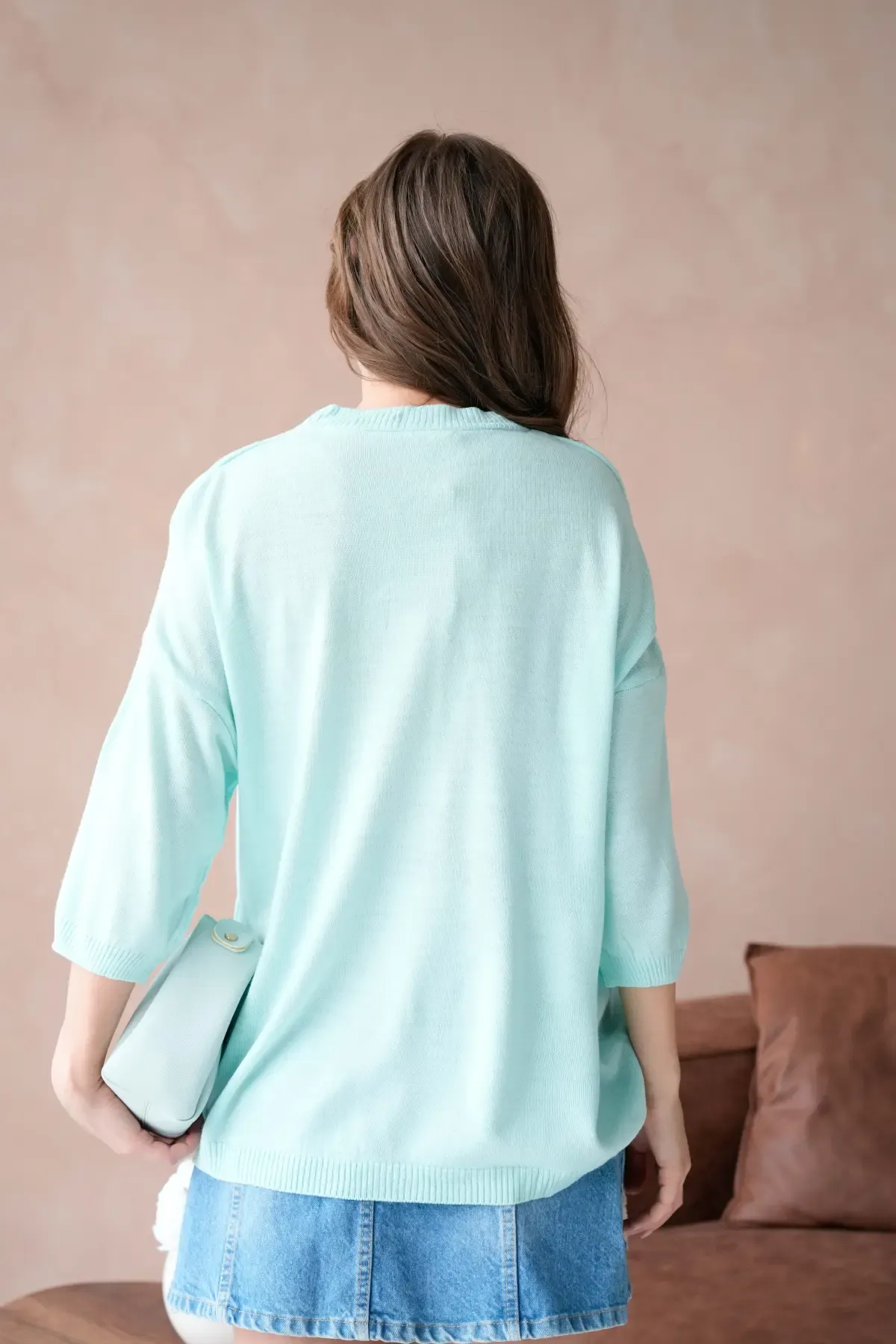 10729 Kadın Bisiklet Yaka Nakış Detay Oversize Trko Kazak