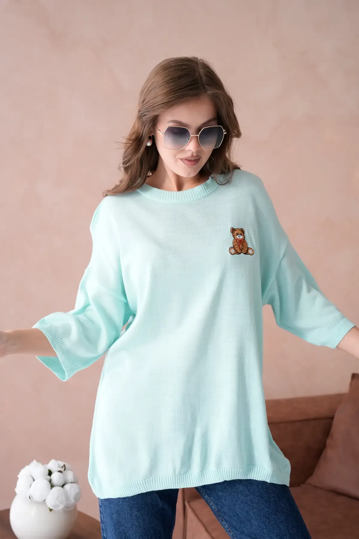 10729 Kadın Bisiklet Yaka Nakış Detay Oversize Trko Kazak