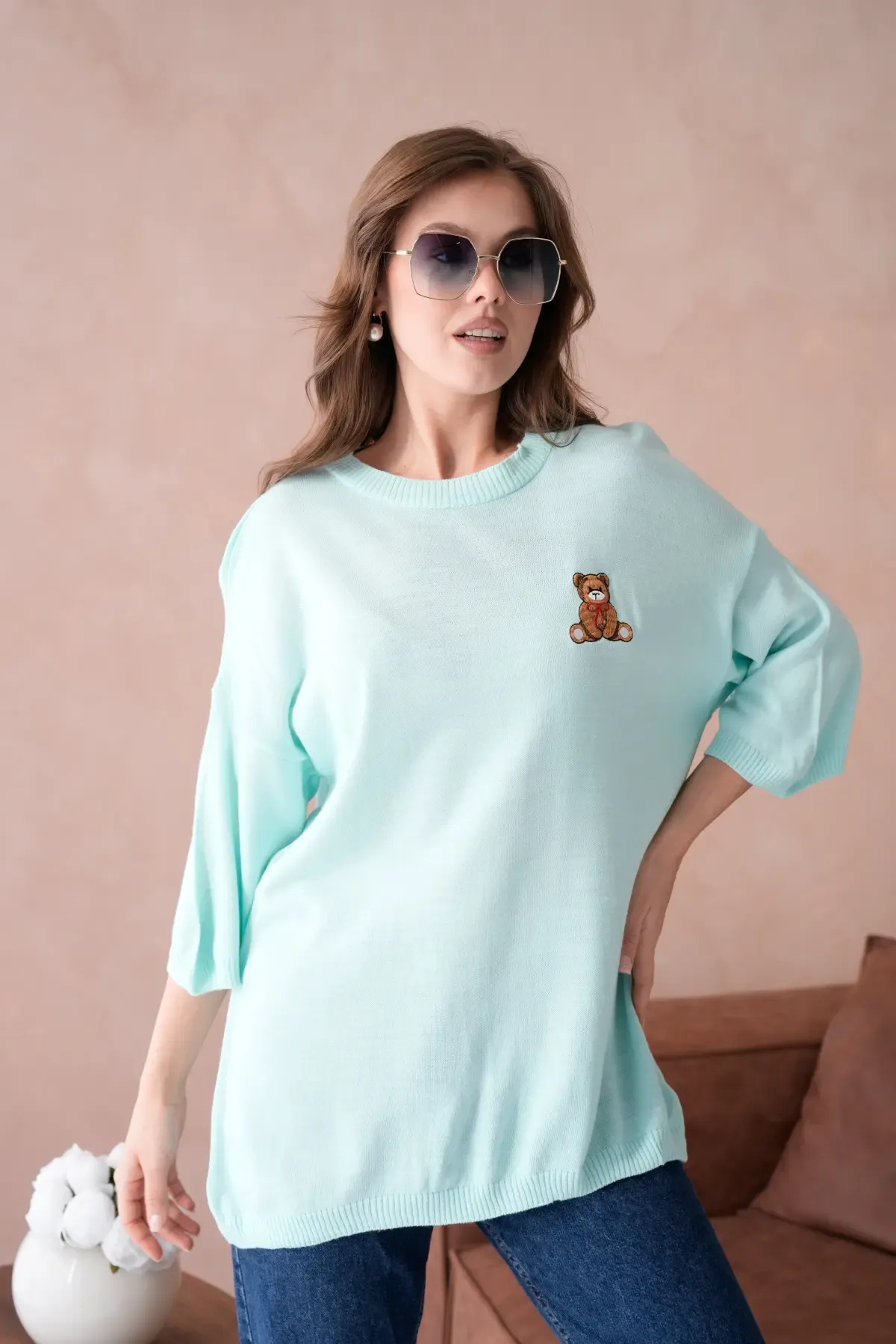 10729 Kadın Bisiklet Yaka Nakış Detay Oversize Trko Kazak