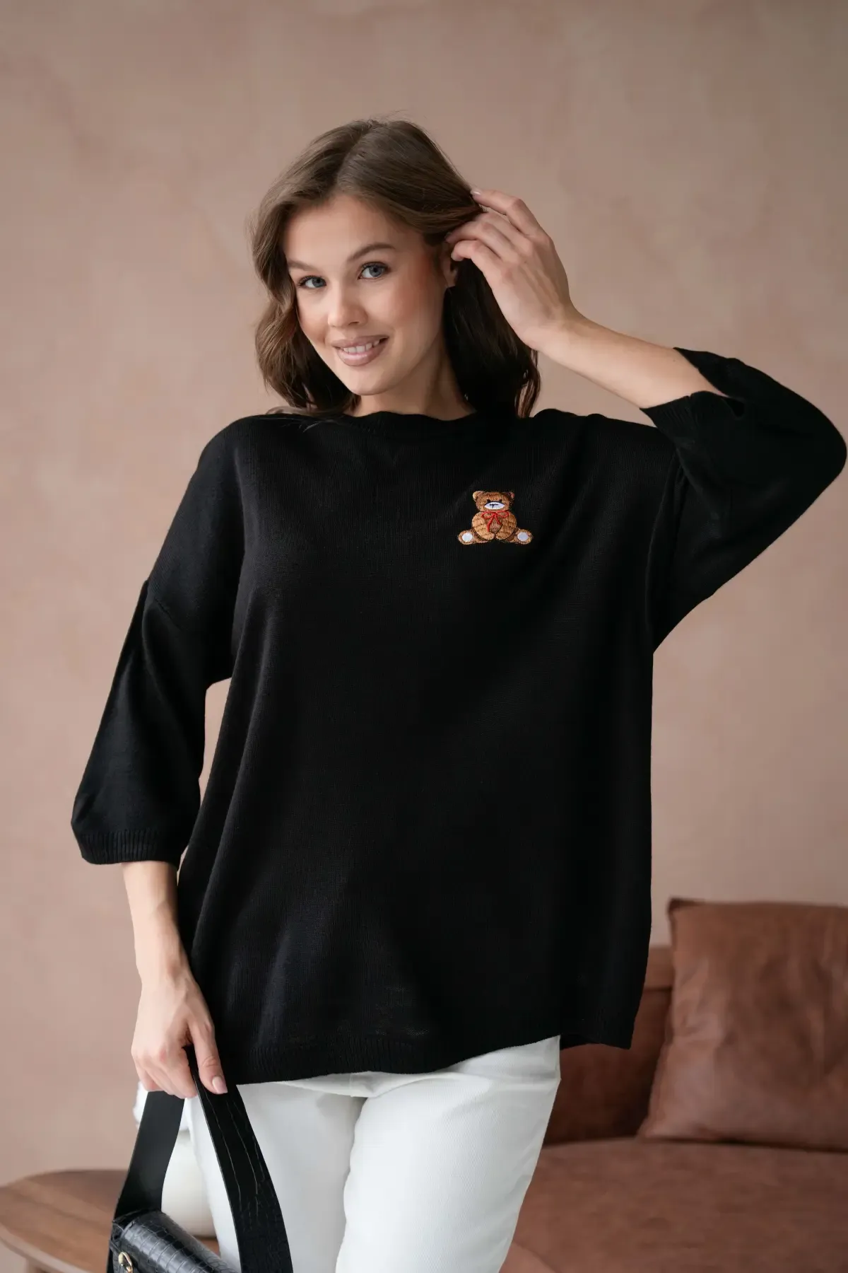 10729 Kadın Bisiklet Yaka Nakış Detay Oversize Trko Kazak