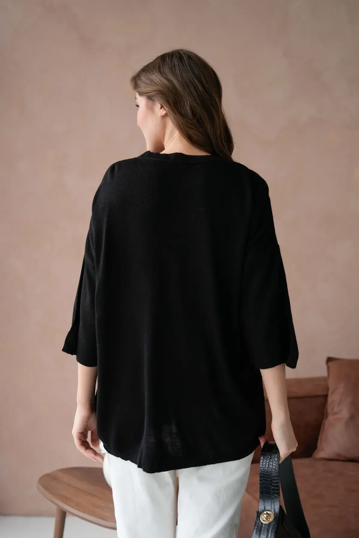 10729 Kadın Bisiklet Yaka Nakış Detay Oversize Trko Kazak