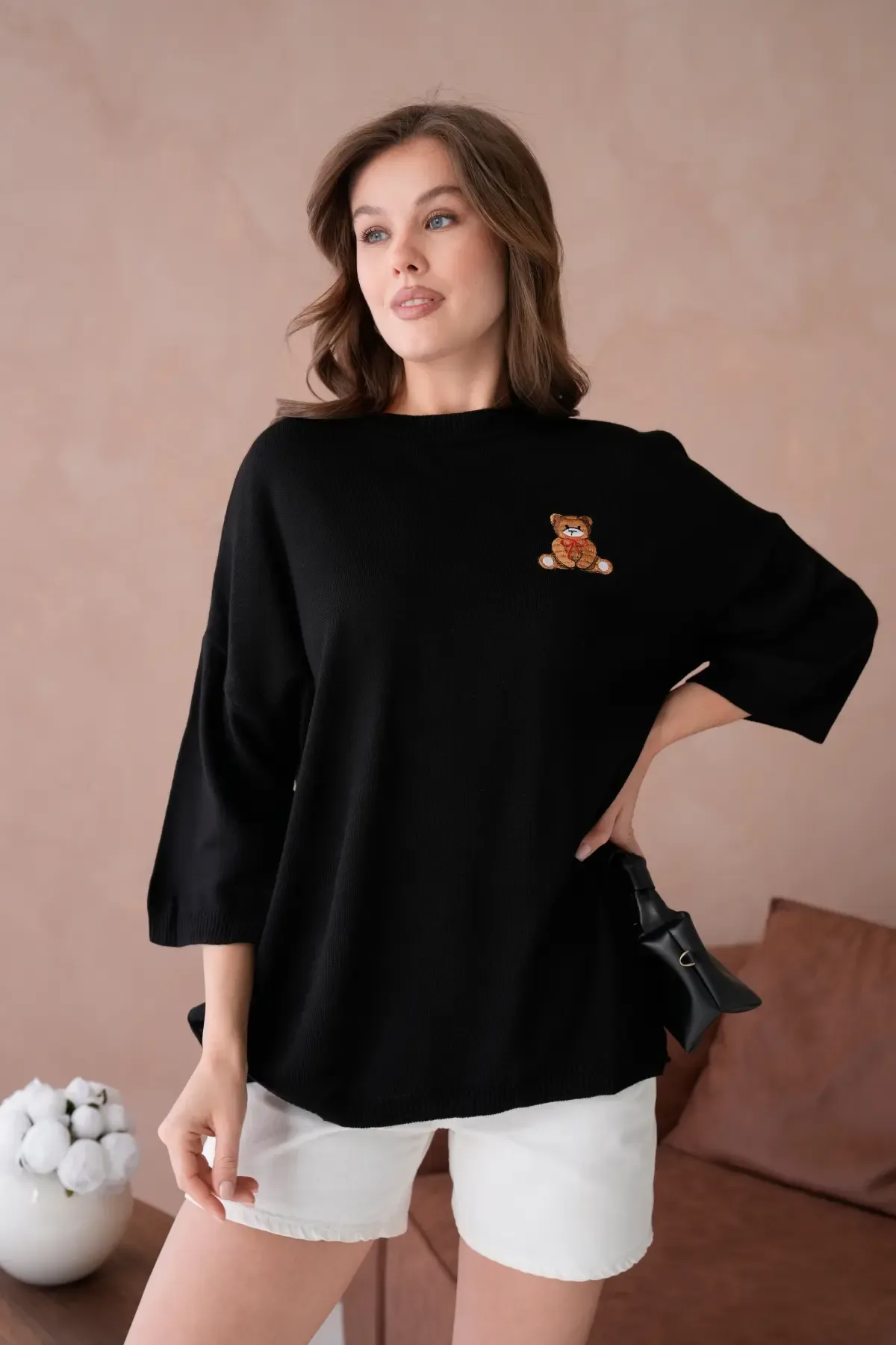 10729 Kadın Bisiklet Yaka Nakış Detay Oversize Trko Kazak