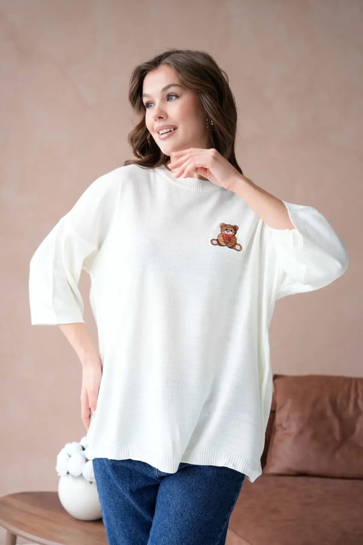 10729 Kadın Bisiklet Yaka Nakış Detay Oversize Trko Kazak