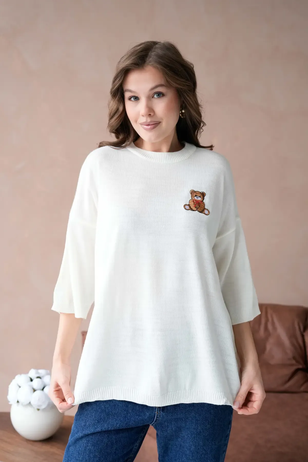 10729 Kadın Bisiklet Yaka Nakış Detay Oversize Trko Kazak