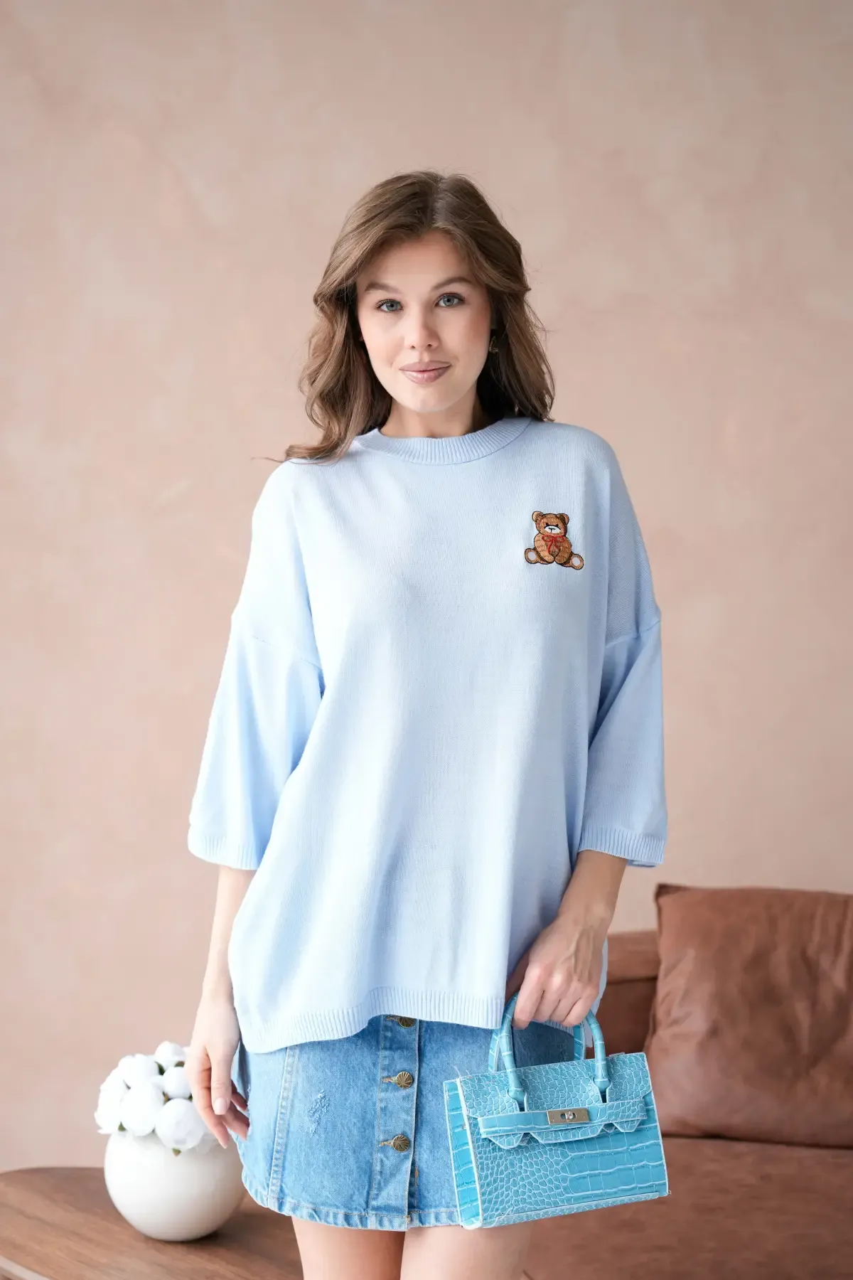 10729 Kadın Bisiklet Yaka Nakış Detay Oversize Trko Kazak