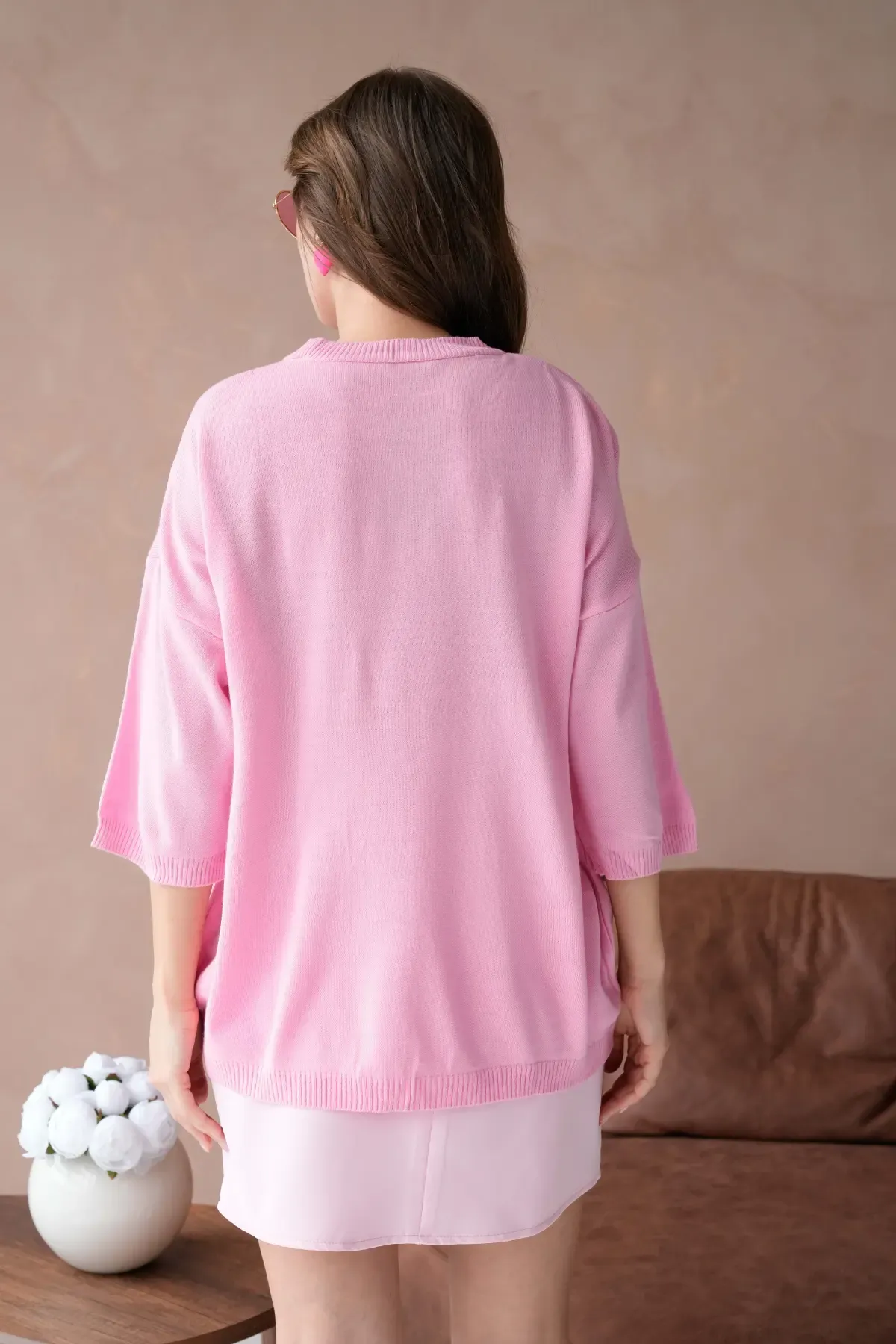 10729 Kadın Bisiklet Yaka Nakış Detay Oversize Trko Kazak