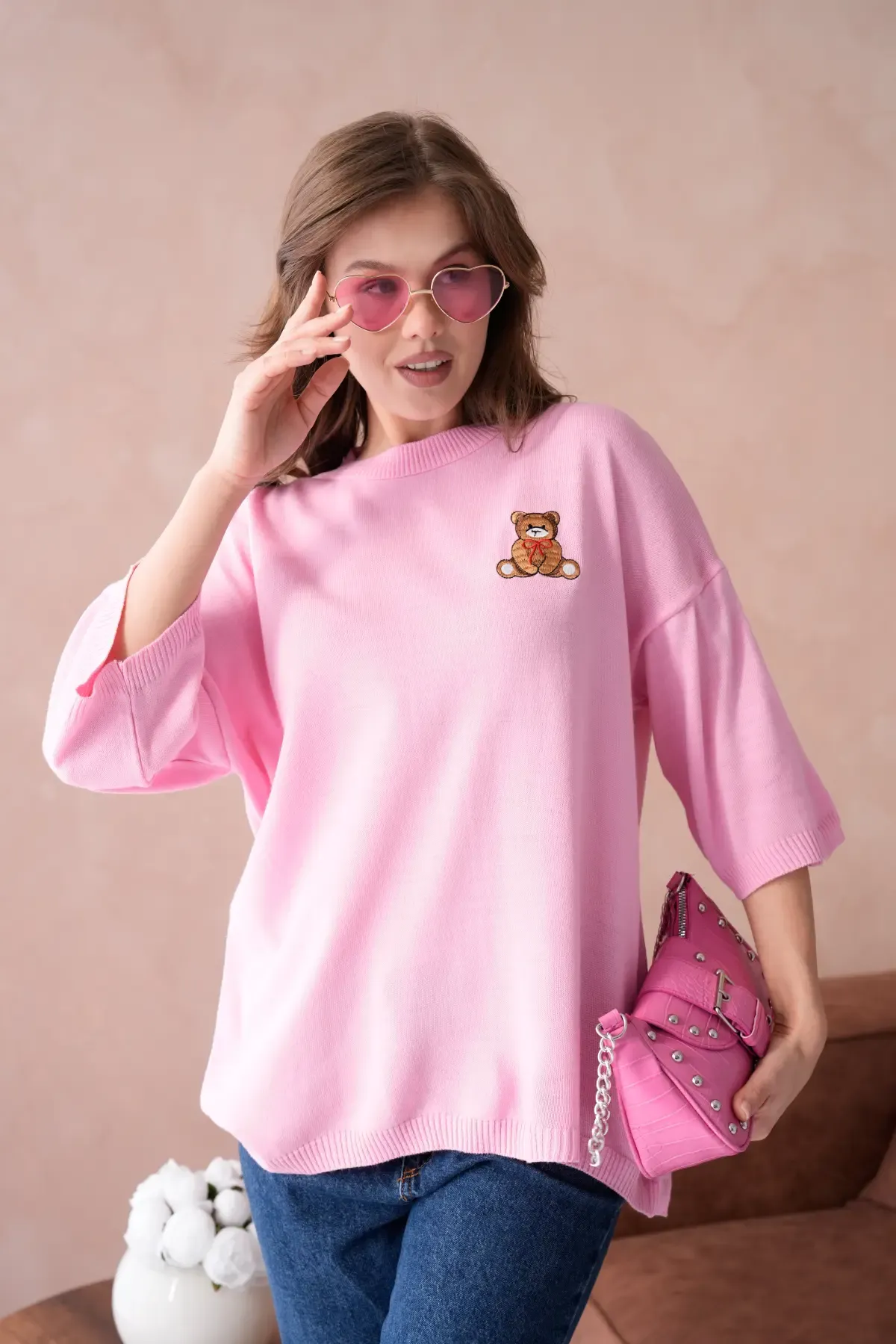 10729 Kadın Bisiklet Yaka Nakış Detay Oversize Trko Kazak