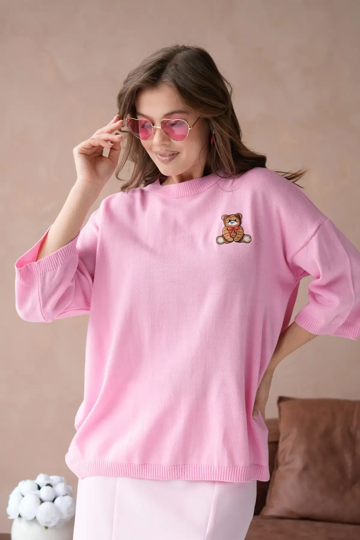 10729 Kadın Bisiklet Yaka Nakış Detay Oversize Trko Kazak